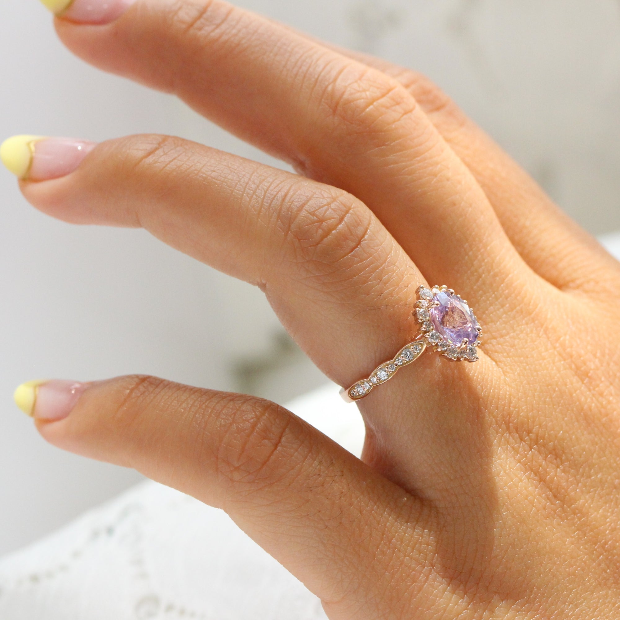 Lavender sapphire ring rose gold halo diamond oval engagement ring la more design jewelry