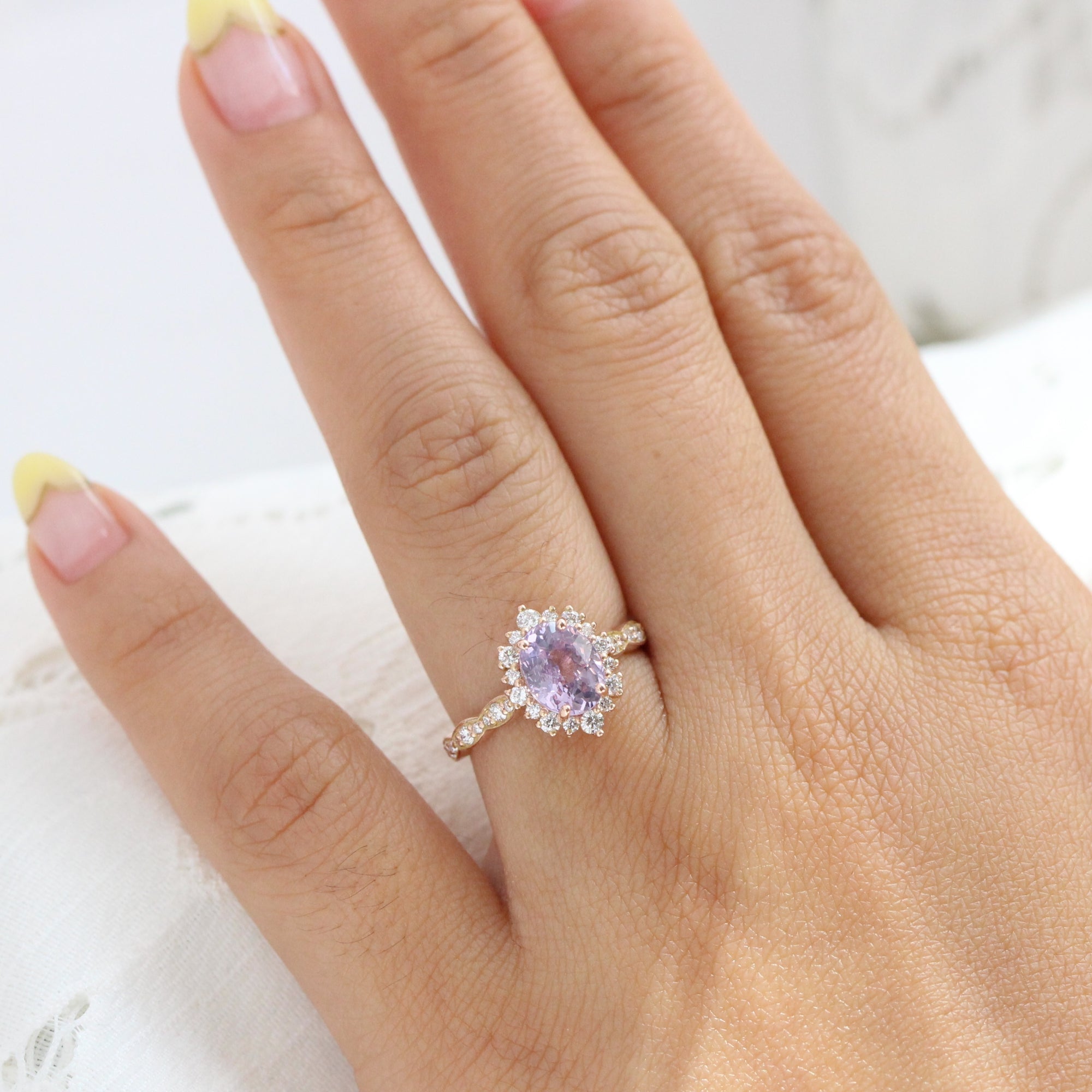 Lavender sapphire ring rose gold halo diamond oval engagement ring la more design jewelry