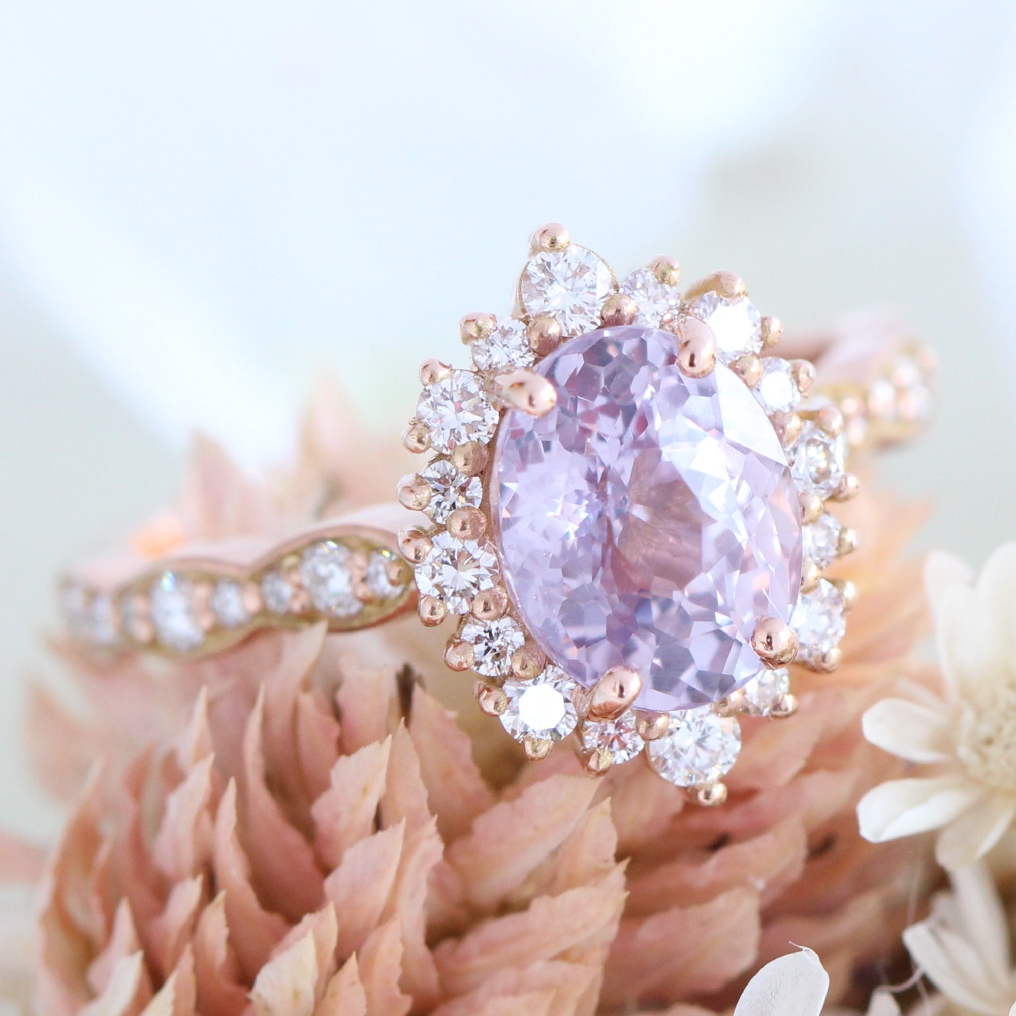 Lavender sapphire ring rose gold halo diamond oval engagement ring la more design jewelry