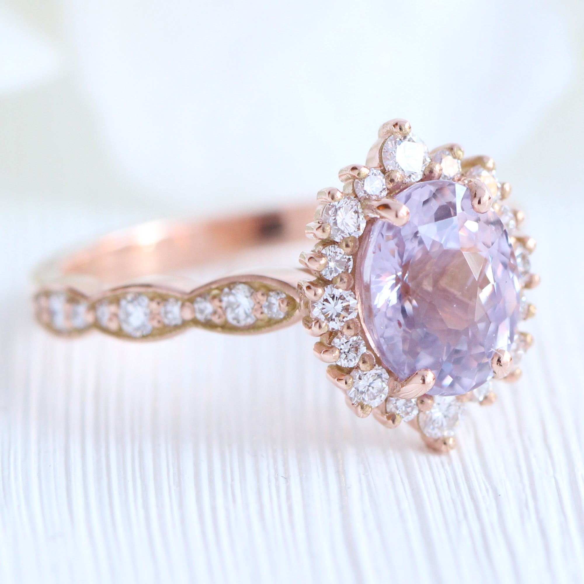 Lavender sapphire ring rose gold halo diamond oval engagement ring la more design jewelry