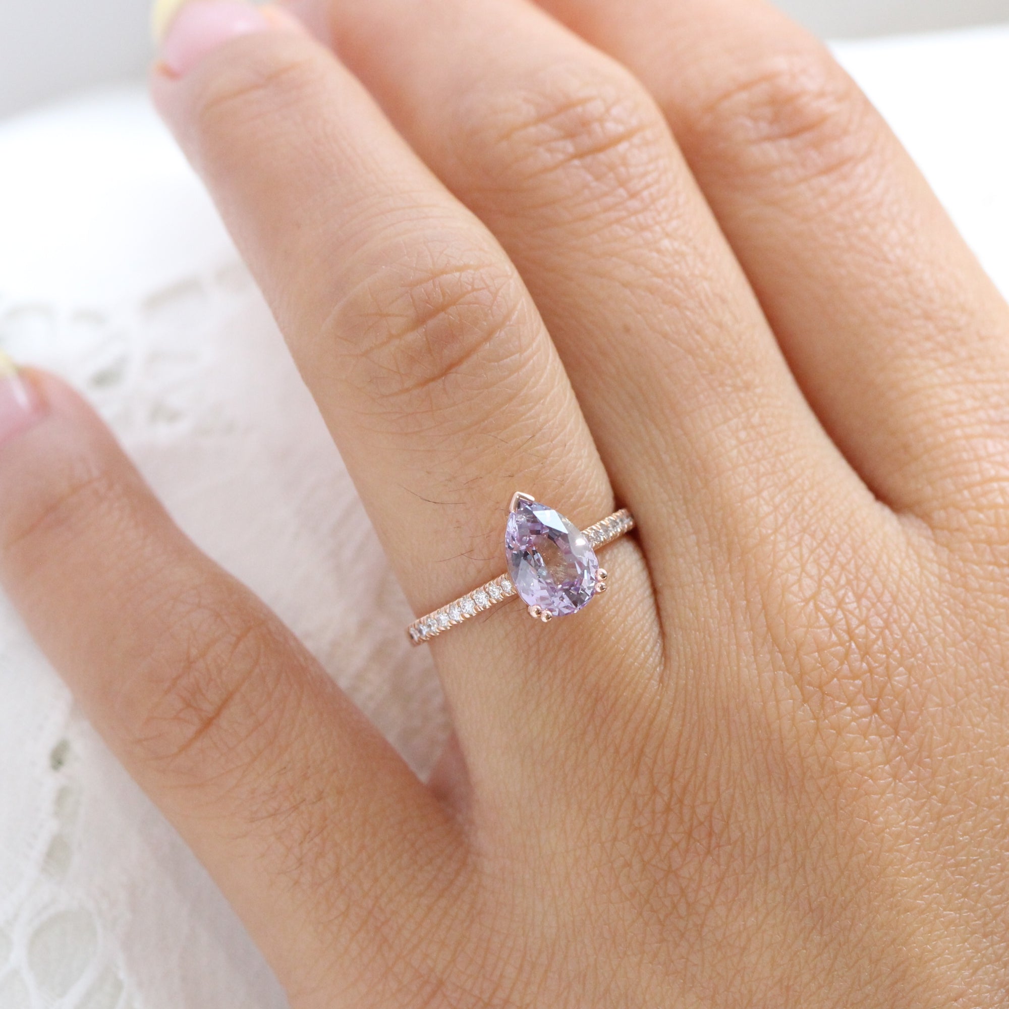 Lavender sapphire ring rose gold pear solitaire engagement ring la more design jewelry