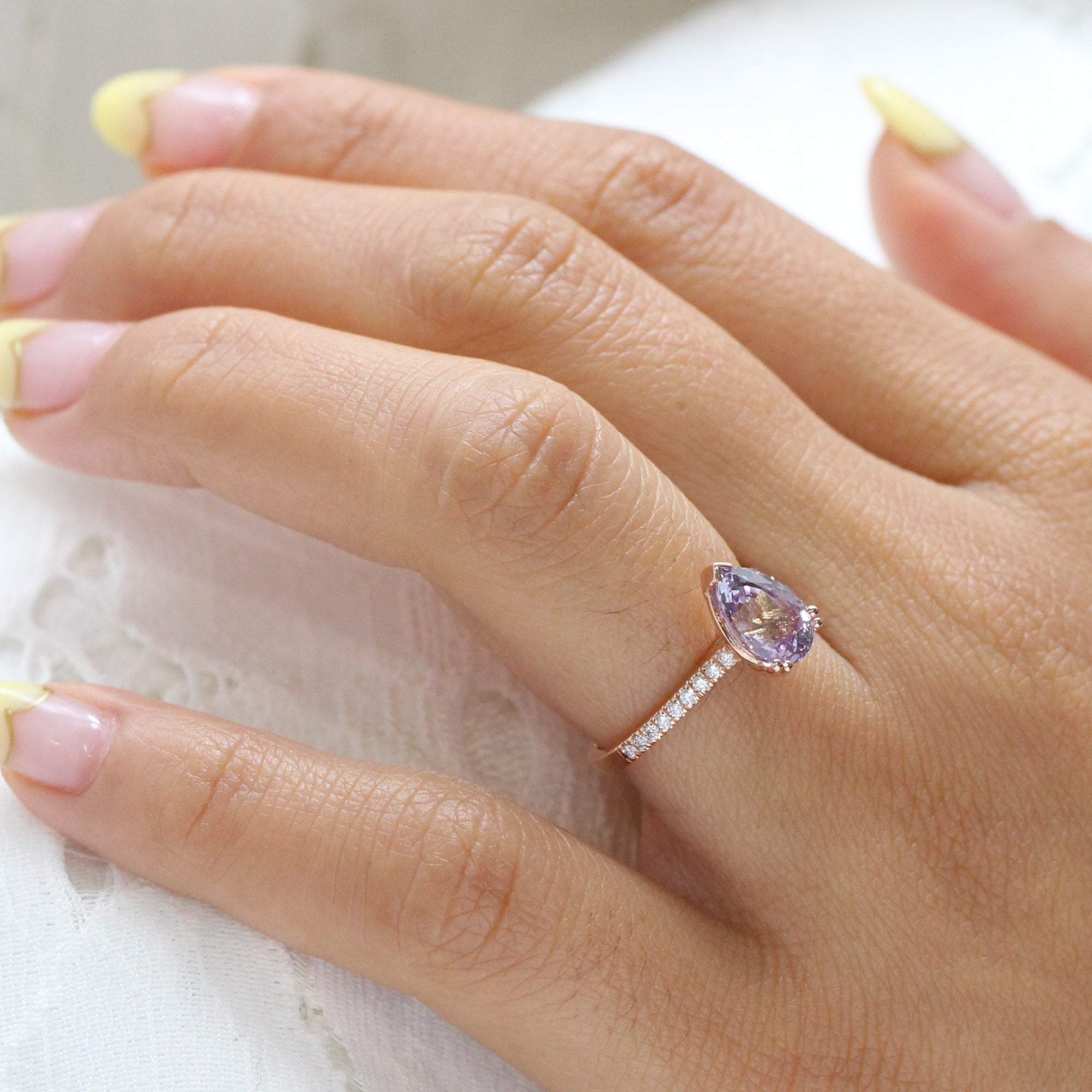 Lavender sapphire ring rose gold pear solitaire engagement ring la more design jewelry