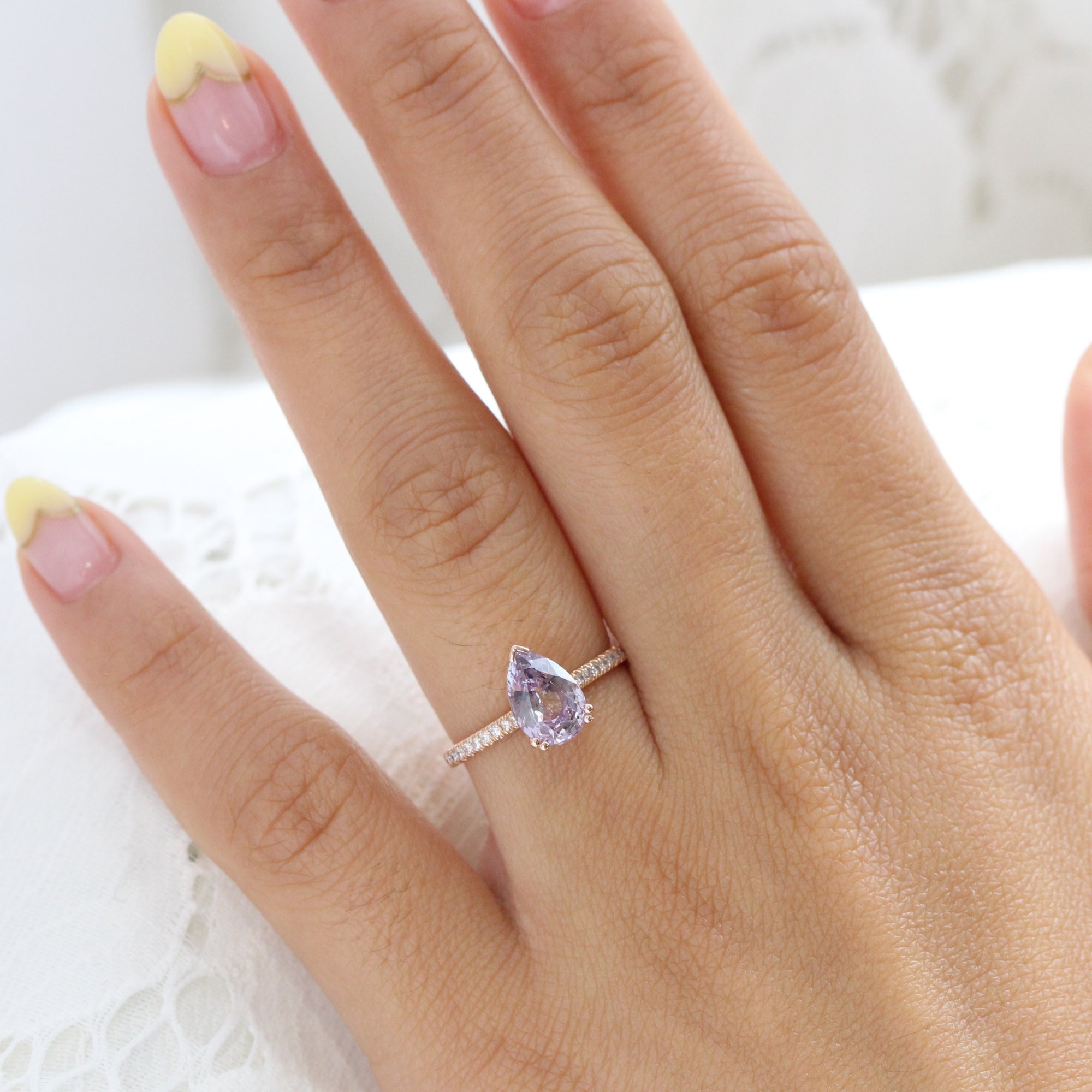Lavender sapphire ring rose gold pear solitaire engagement ring la more design jewelry