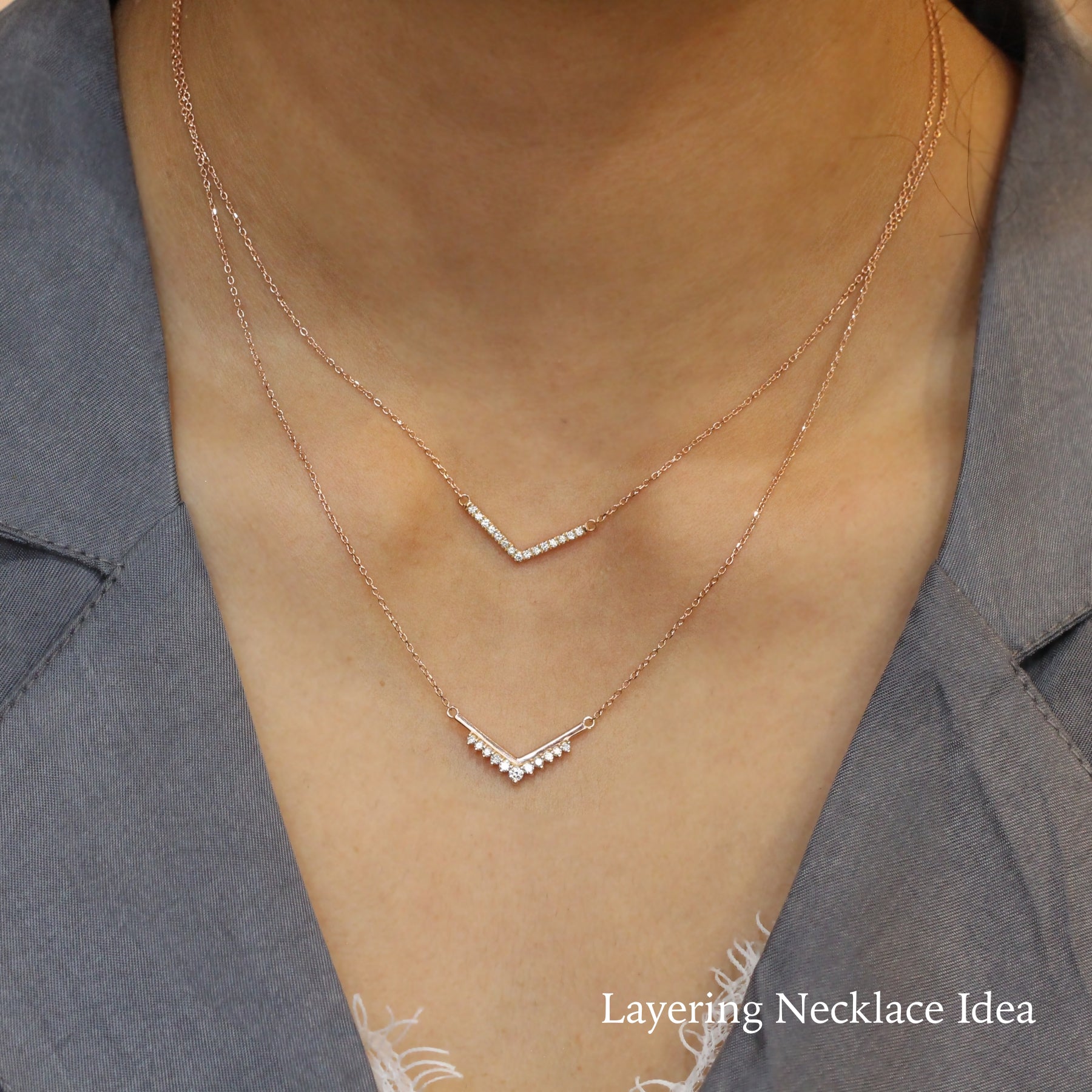 Chevron Diamond Necklace Rose Gold V Shaped Layering Drop Pendant 14K Yellow Gold - Made to Order