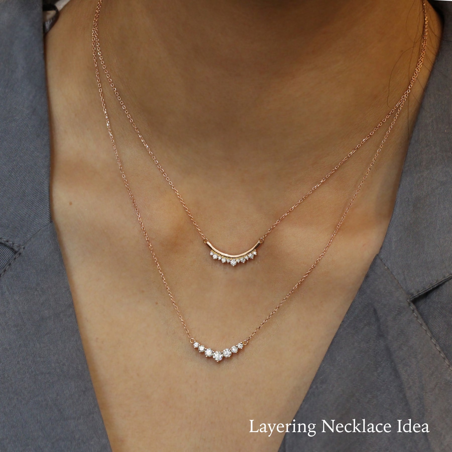 7 Diamond Pendant Rose Gold Layering Curved Diamond Cluster Necklace 14K Yellow Gold Made to Order