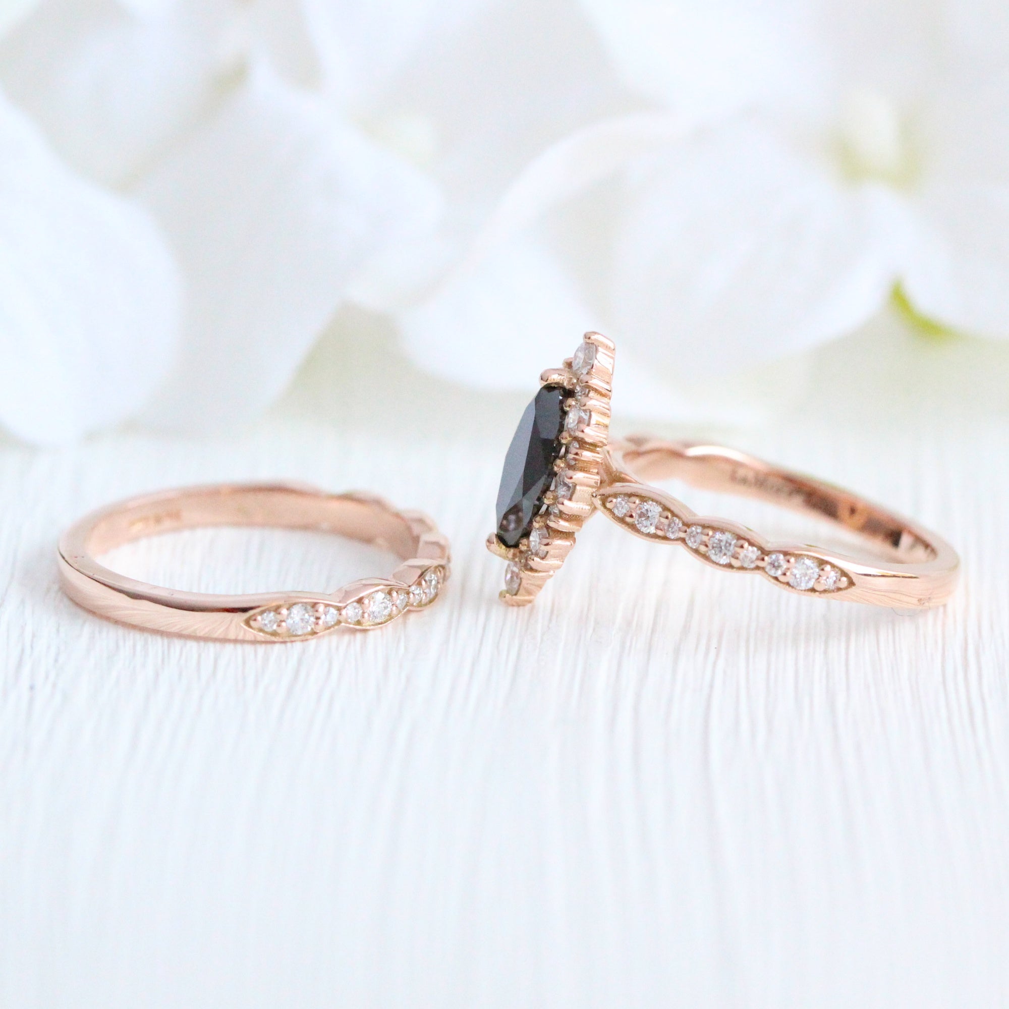 Marquise cut black diamond ring bridal set rose gold halo diamond engagement ring stack la more design jewelry