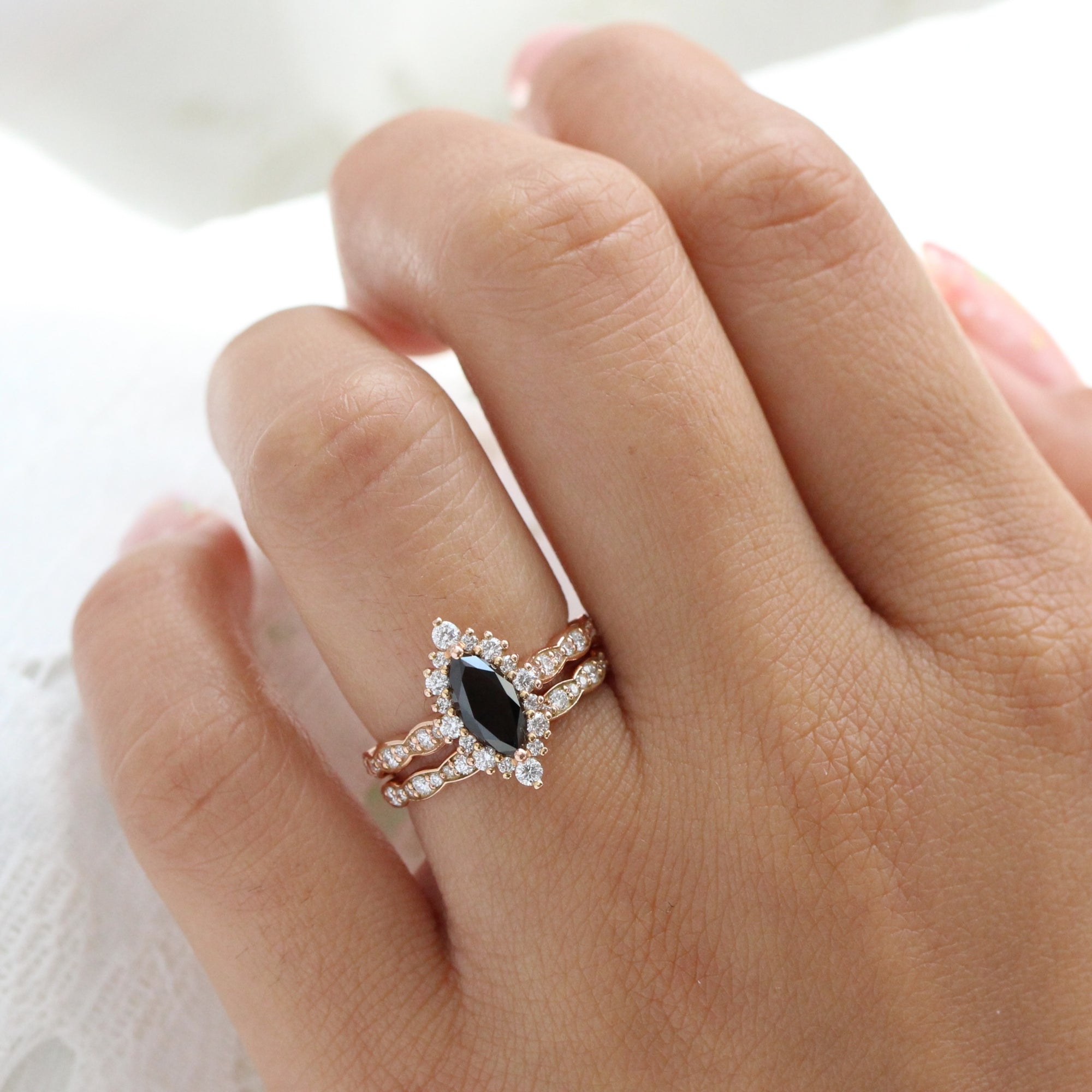 Marquise cut black diamond ring bridal set rose gold halo diamond engagement ring stack la more design jewelry