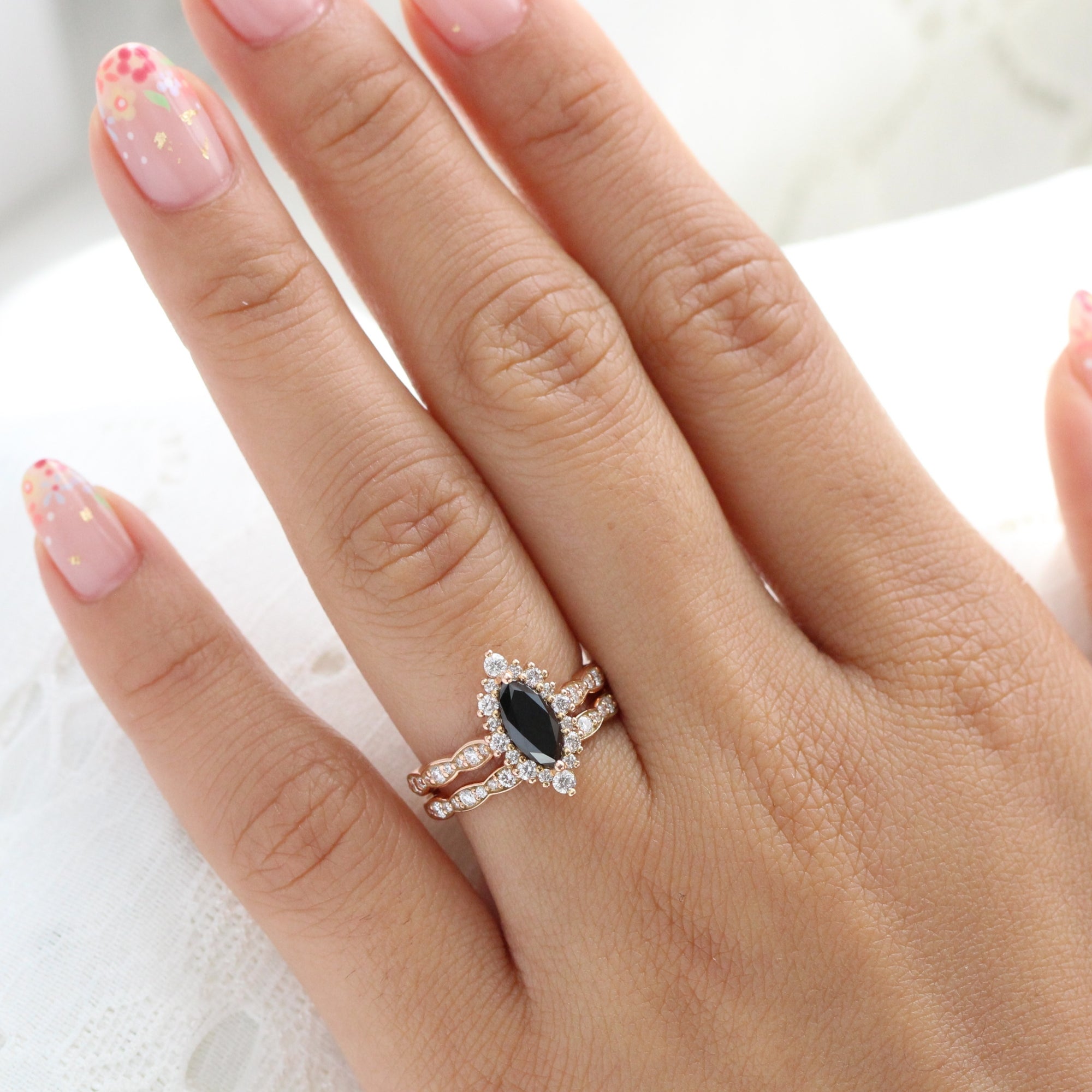 Marquise cut black diamond ring bridal set rose gold halo diamond engagement ring stack la more design jewelry