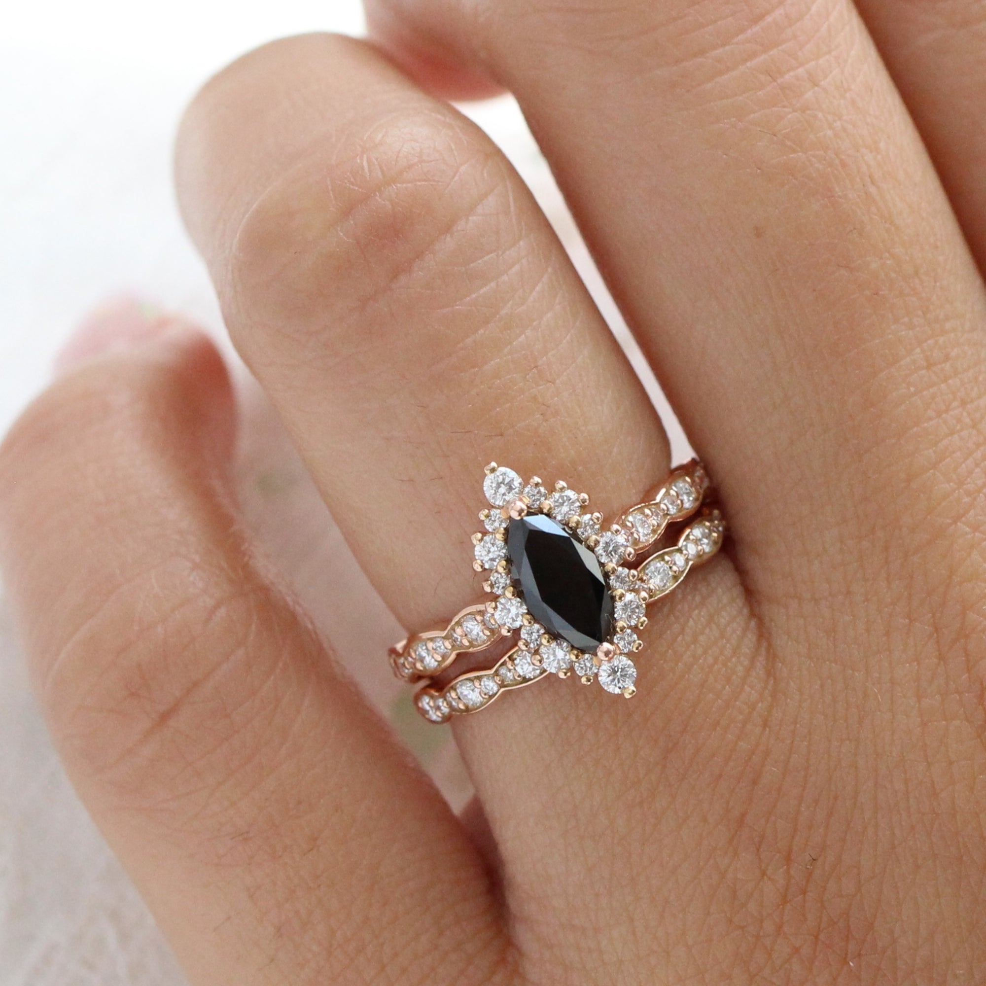 Marquise cut black diamond ring bridal set rose gold halo diamond engagement ring stack la more design jewelry