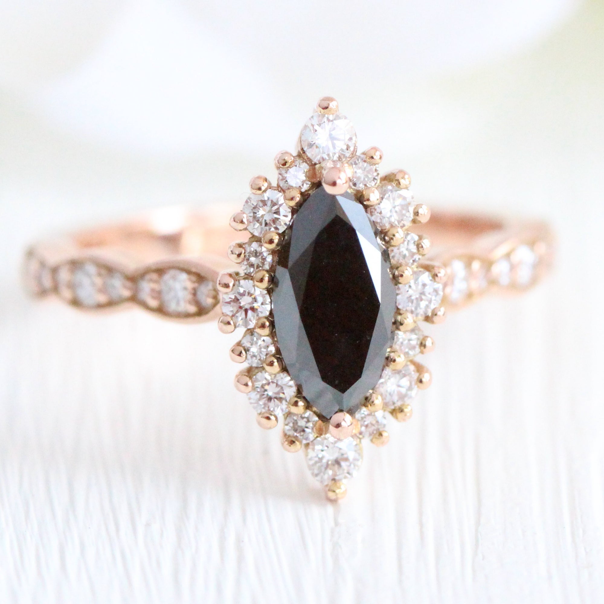 Marquise cut black diamond ring rose gold halo diamond engagement ring la more design jewelry