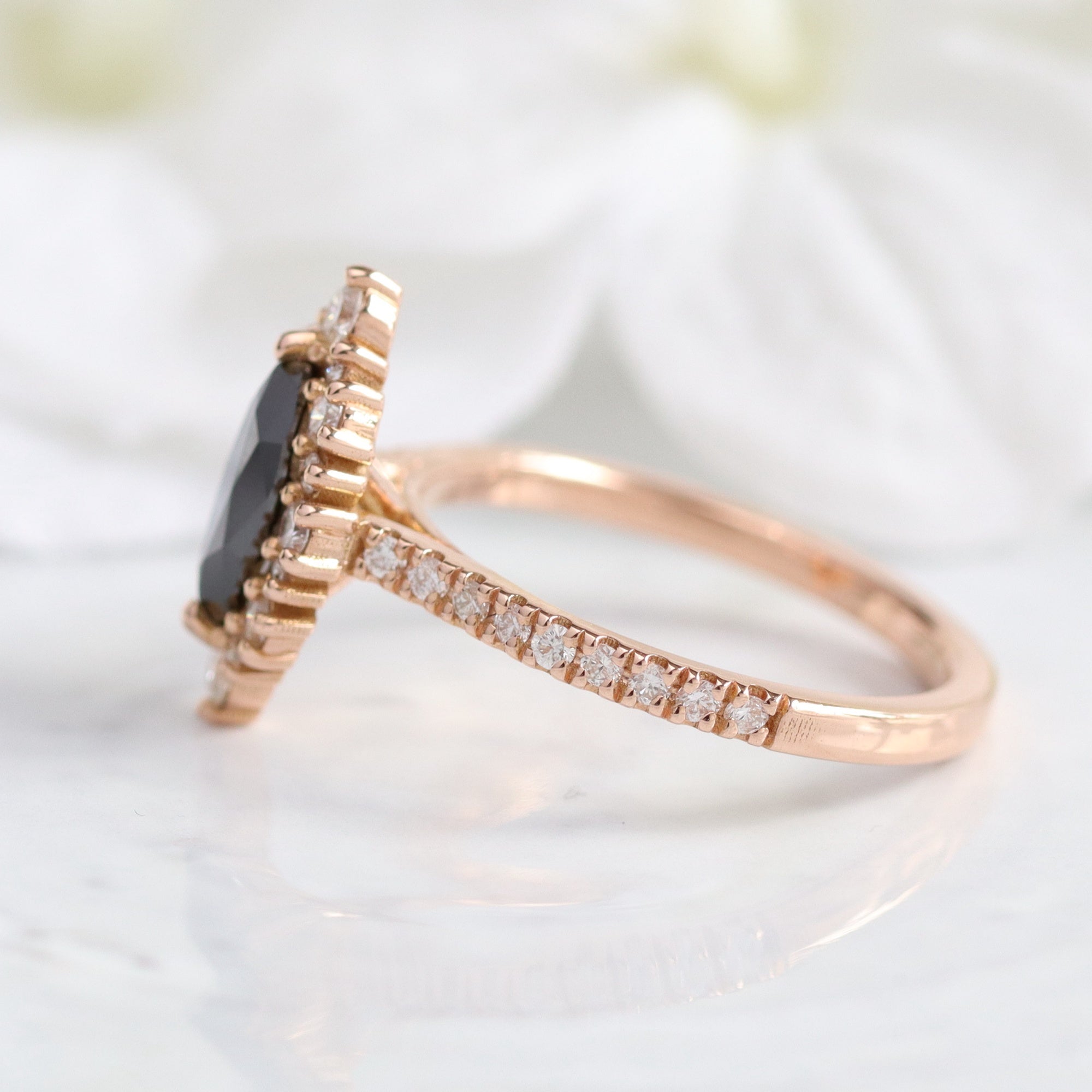 Marquise natural black diamond engagement ring rose gold halo diamond ring la more design jewelry