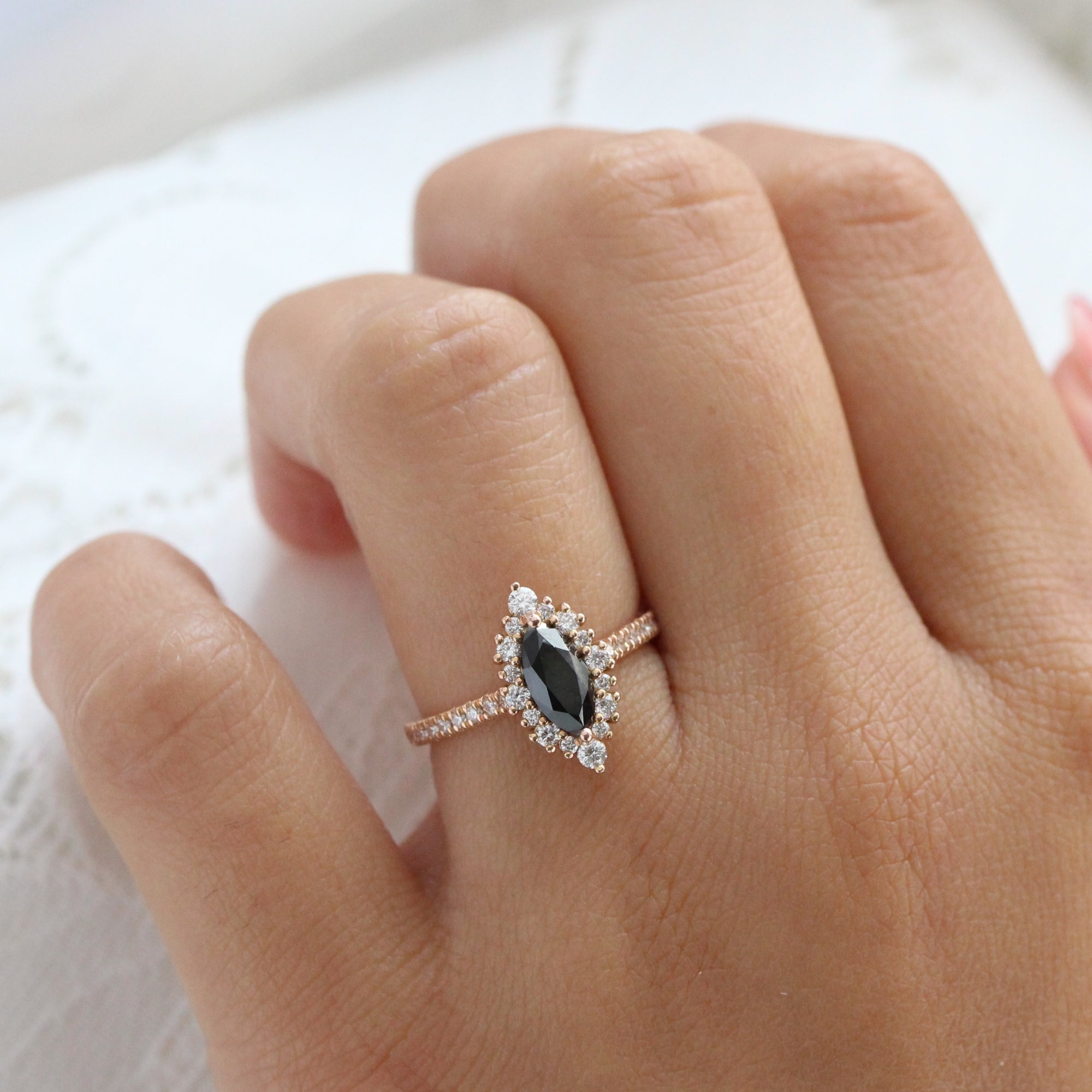 Marquise natural black diamond engagement ring rose gold halo diamond ring la more design jewelry