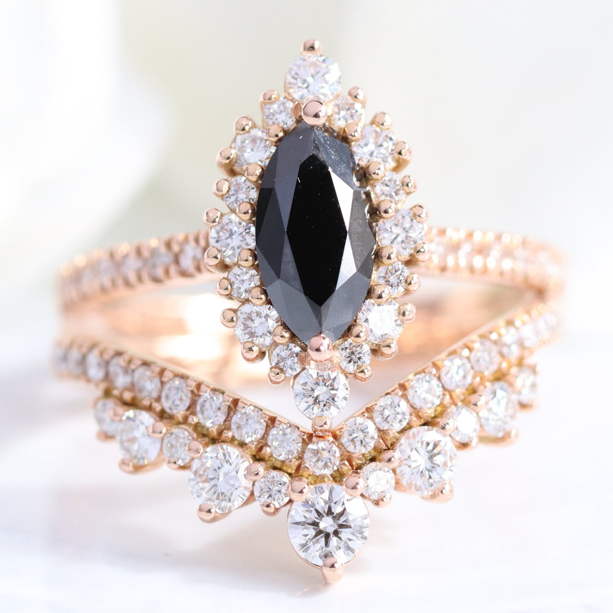 Unique Marquise Black Diamond Ring Stack Gold V Shape Wedding Band 14K Yellow Gold / 8.5