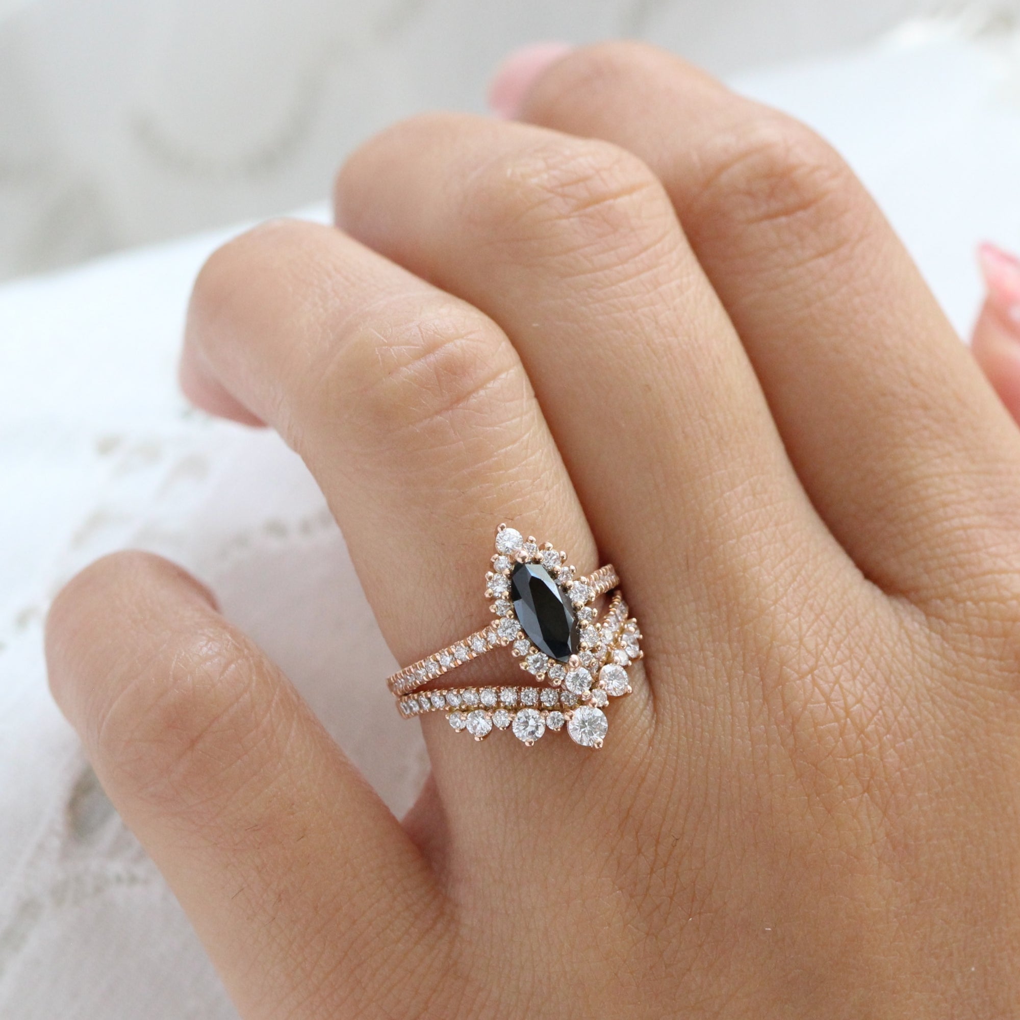 Marquise natural black diamond engagement ring stack rose gold halo diamond ring bridal set la more design jewelry