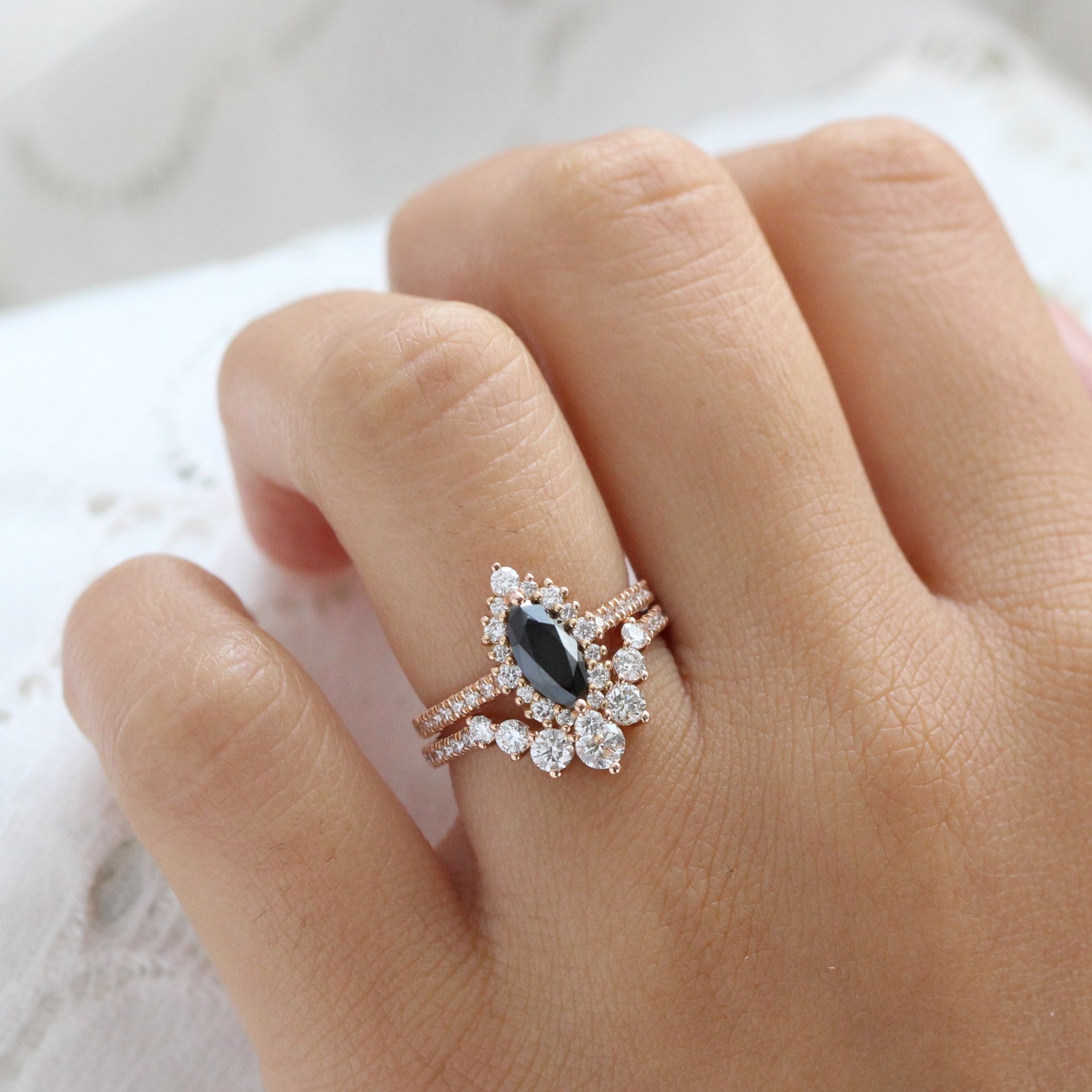 Unique Marquise Black Diamond Ring Stack Rose Gold Curved Wedding Band ...
