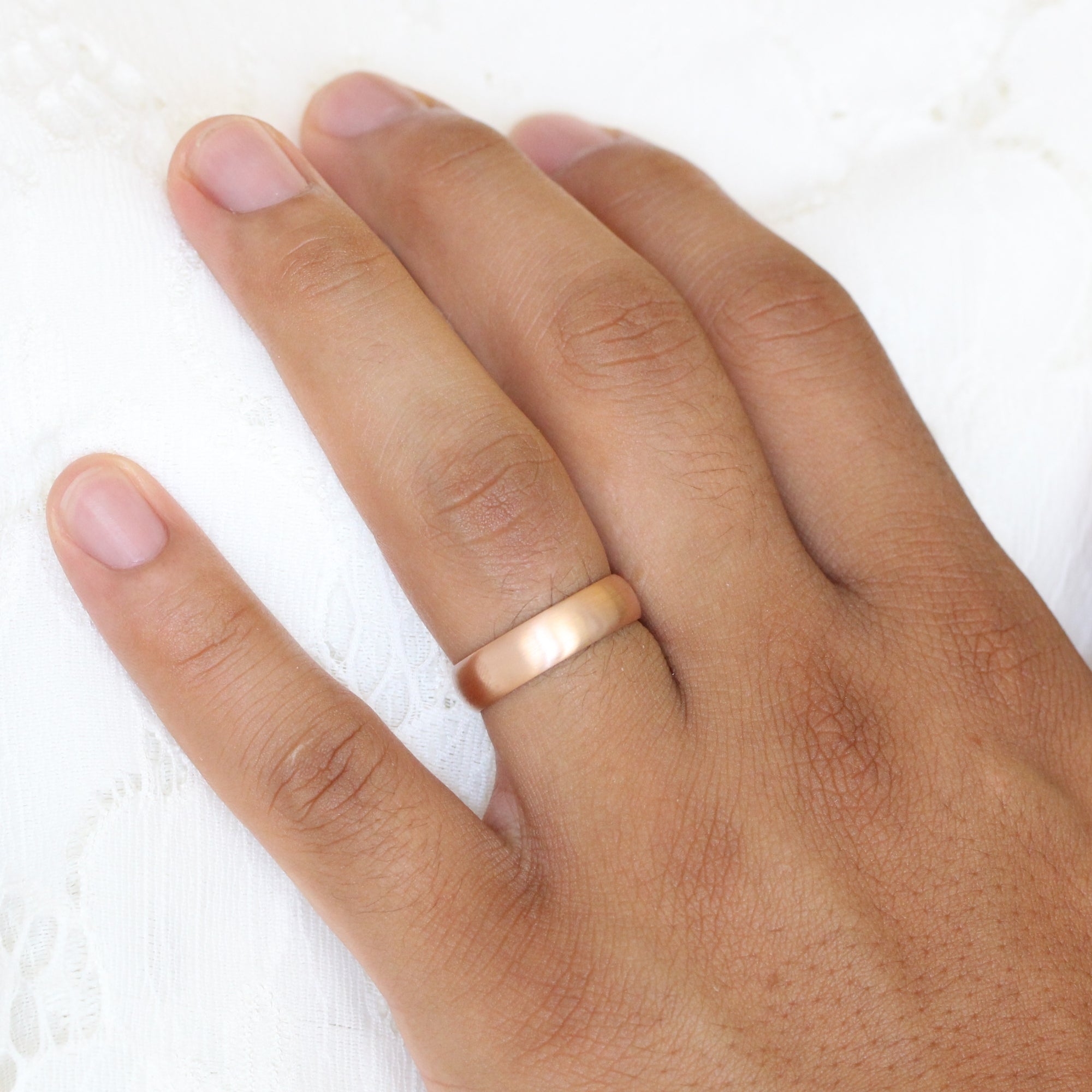 Mens Wedding Band 6mm Domed Matte Ring Solid 14k Rose Gold His Comfort Fit Wedding Ring by la more design