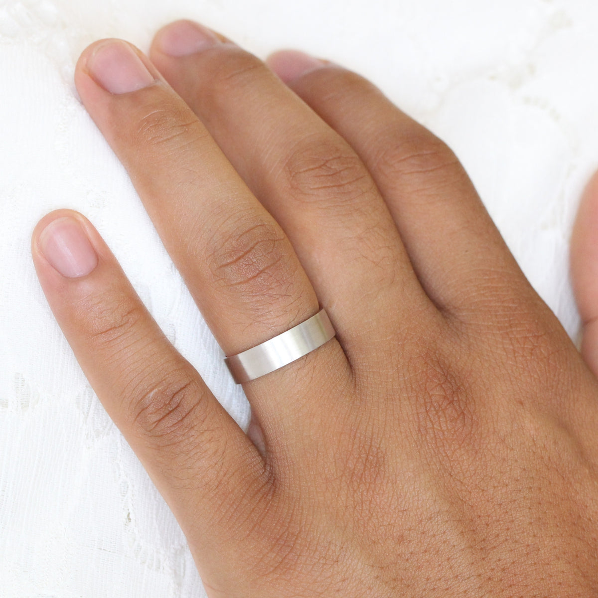 Mens wedding ring white gold flat wedding band matte finish gold ring la more design jewelry