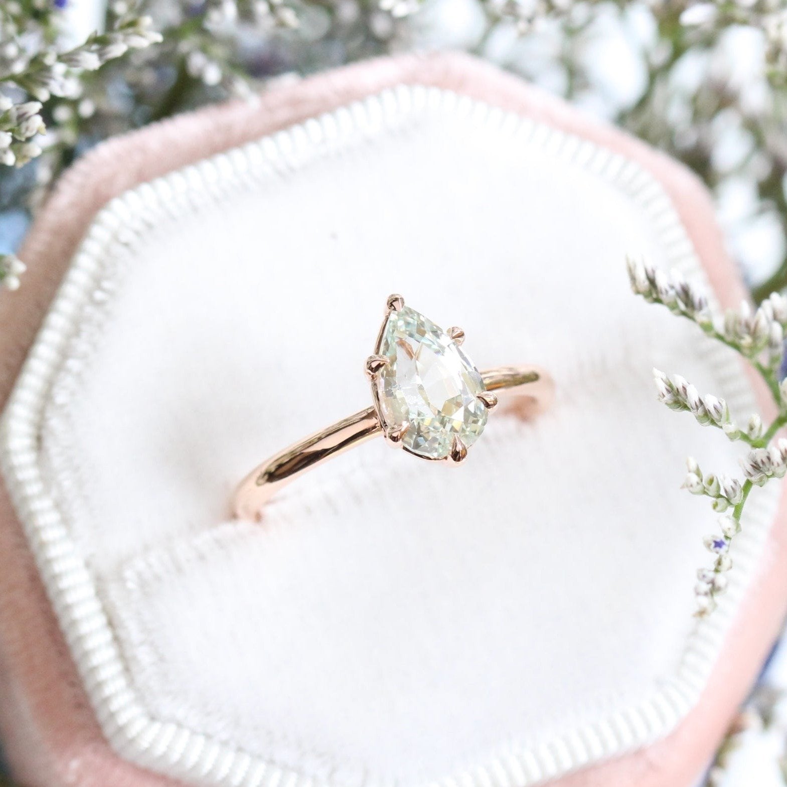 Natural Seafoam Green Sapphire Engagement Ring in Rose Gold Pear Solitaire Ring by La More Design Jewelry