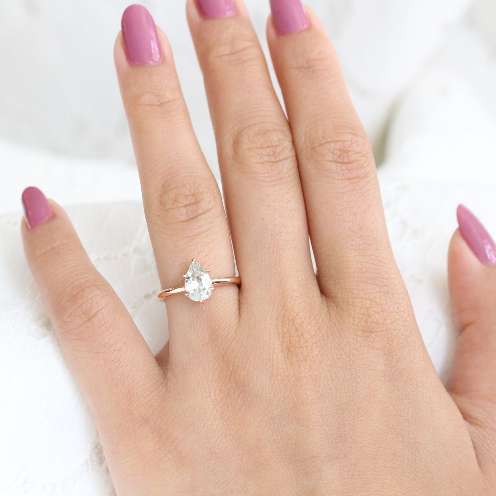 Natural Seafoam Green Sapphire Engagement Ring in Rose Gold Pear Solitaire Ring by La More Design Jewelry