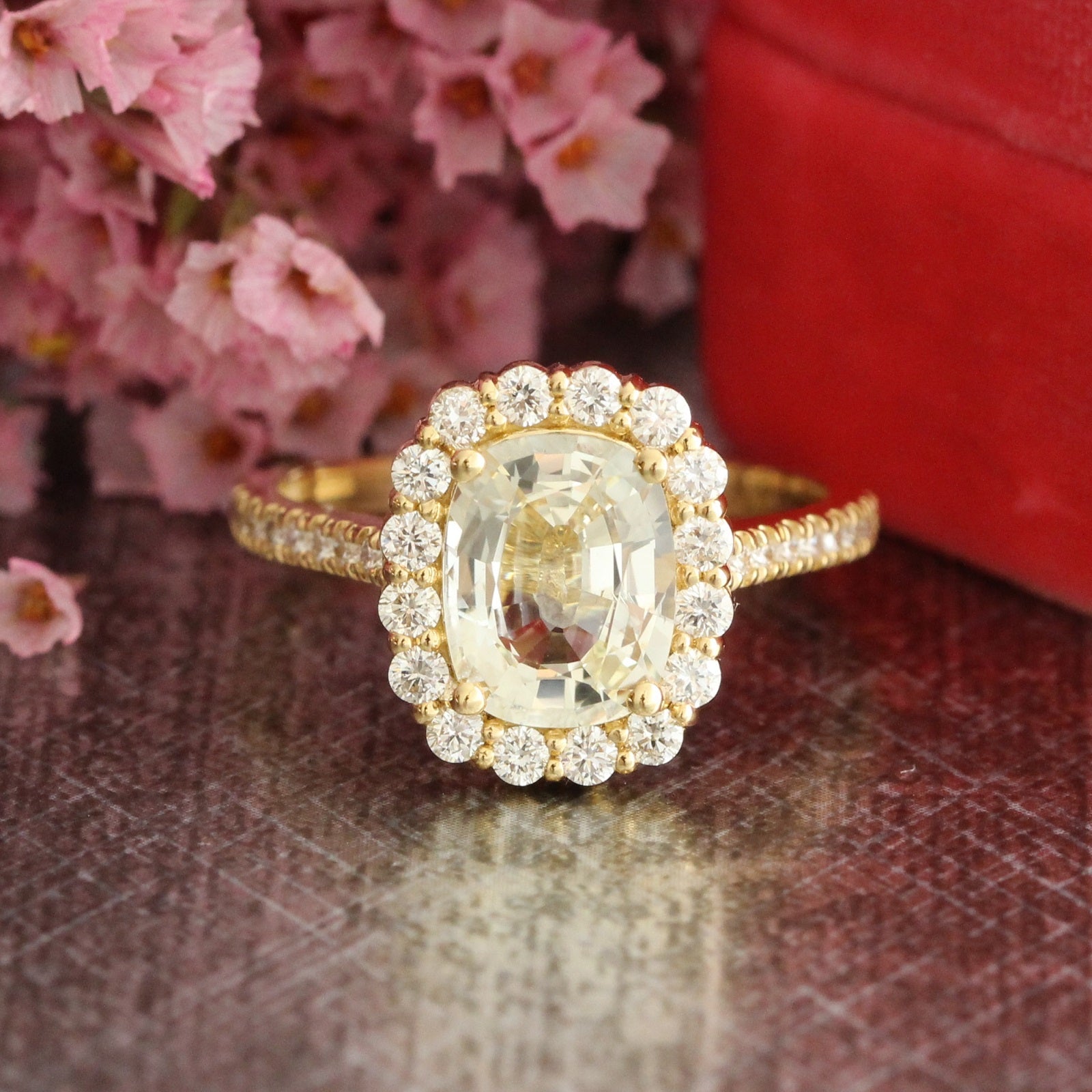 Natural champagne yellow sapphire engagement ring in 18k yellow gold by la more design