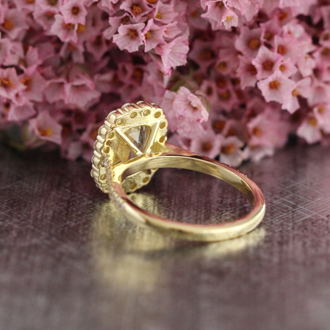 Natural Champagne Yellow Sapphire Ring in 18k Yellow Gold Large Halo Diamond, Size 6.25