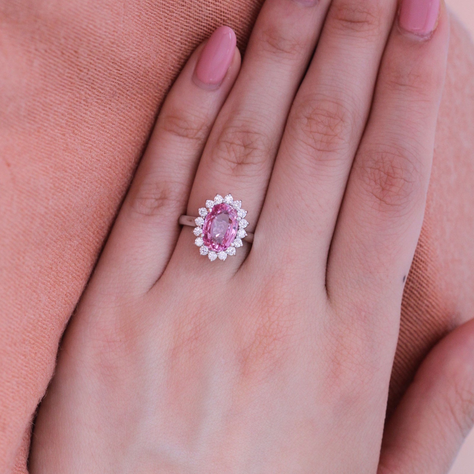 Natural padparadscha pink sapphire engagement ring in 14k white gold by la more design