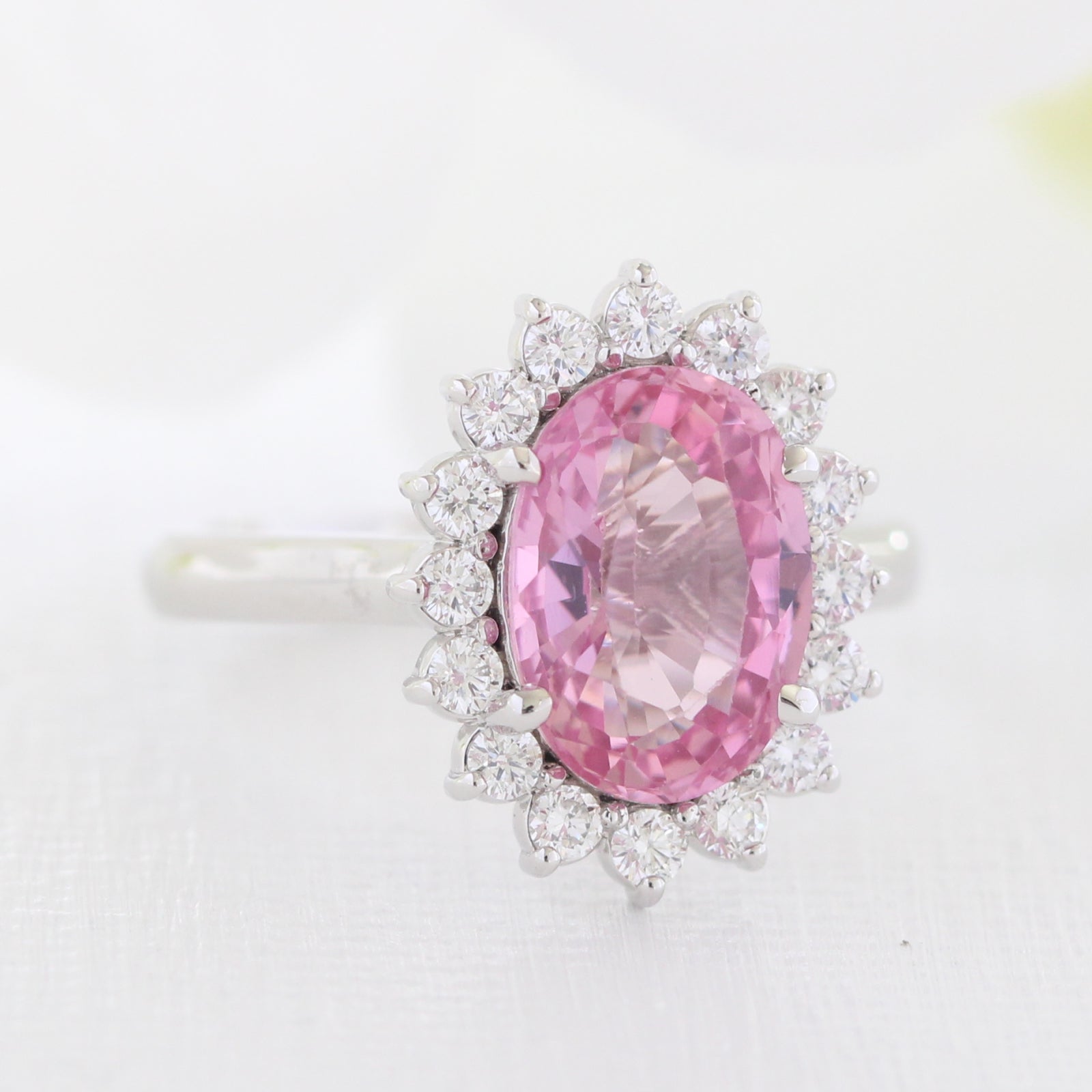 Natural padparadscha pink sapphire engagement ring in 14k white gold by la more design