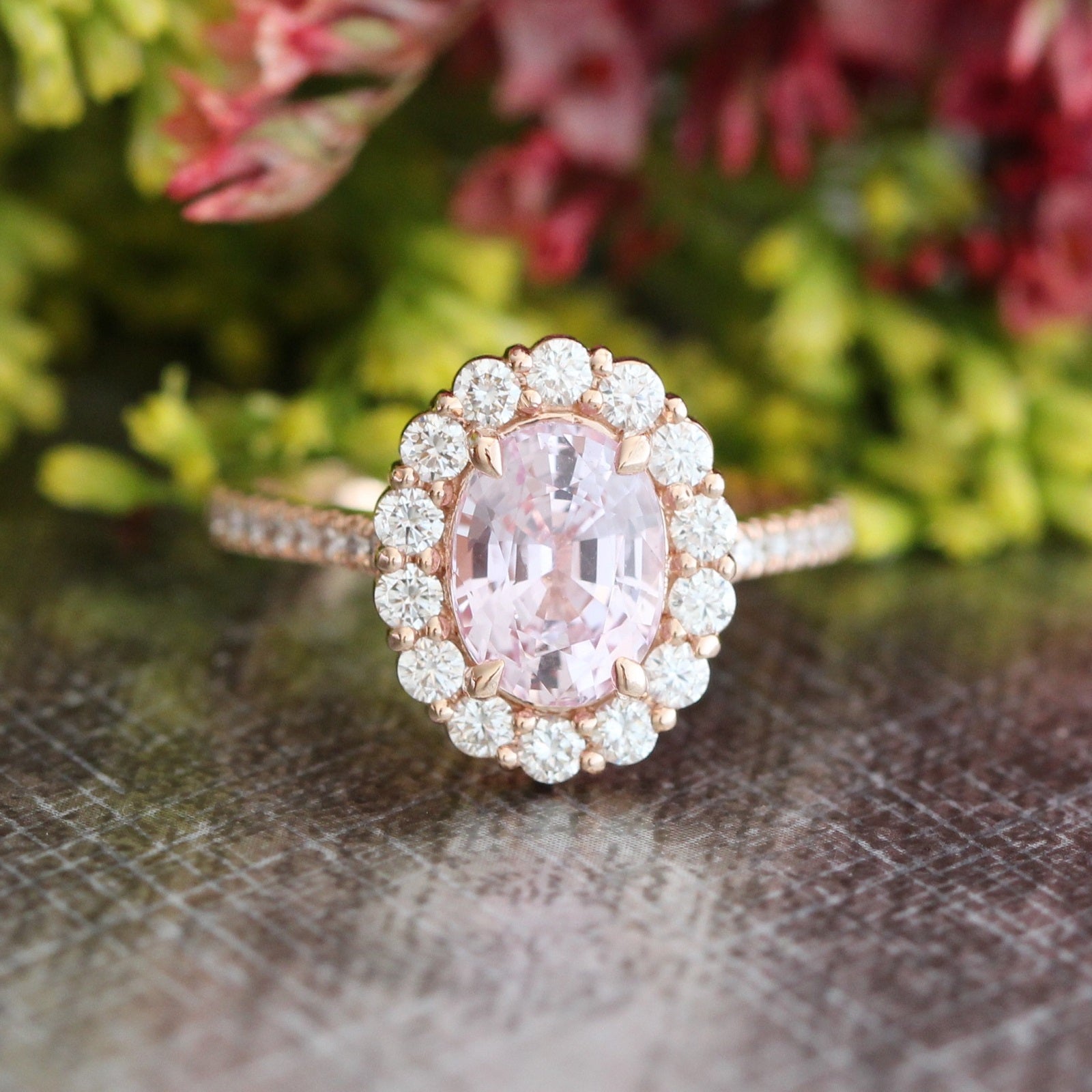 Natural pastel pink sapphire engagement ring in 14k rose gold by la more design