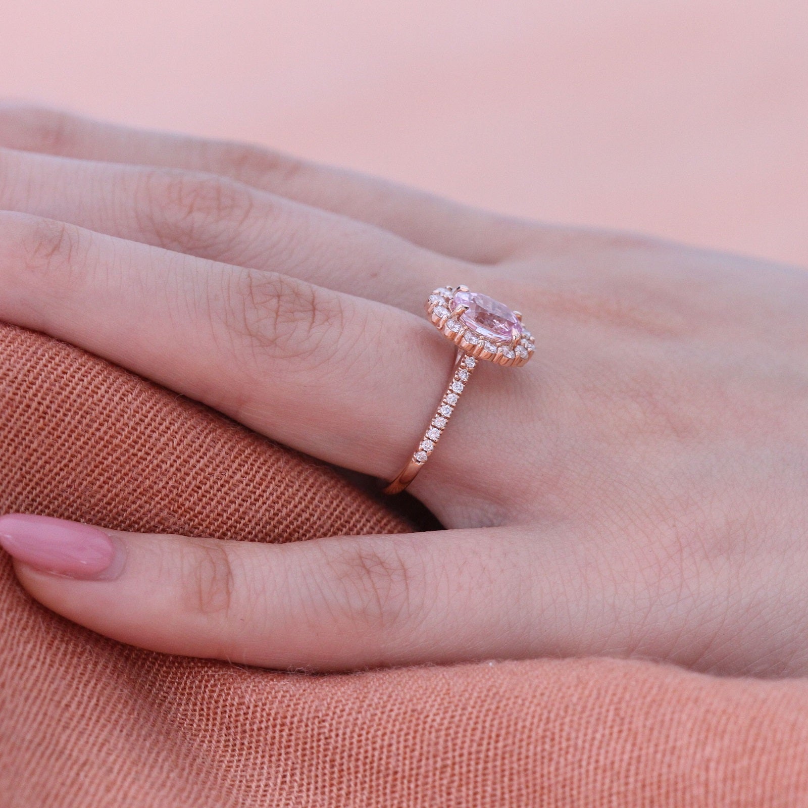 Natural Champagne Pink Sapphire Ring in 14k Rose Gold Large Halo Diamond, Size 6