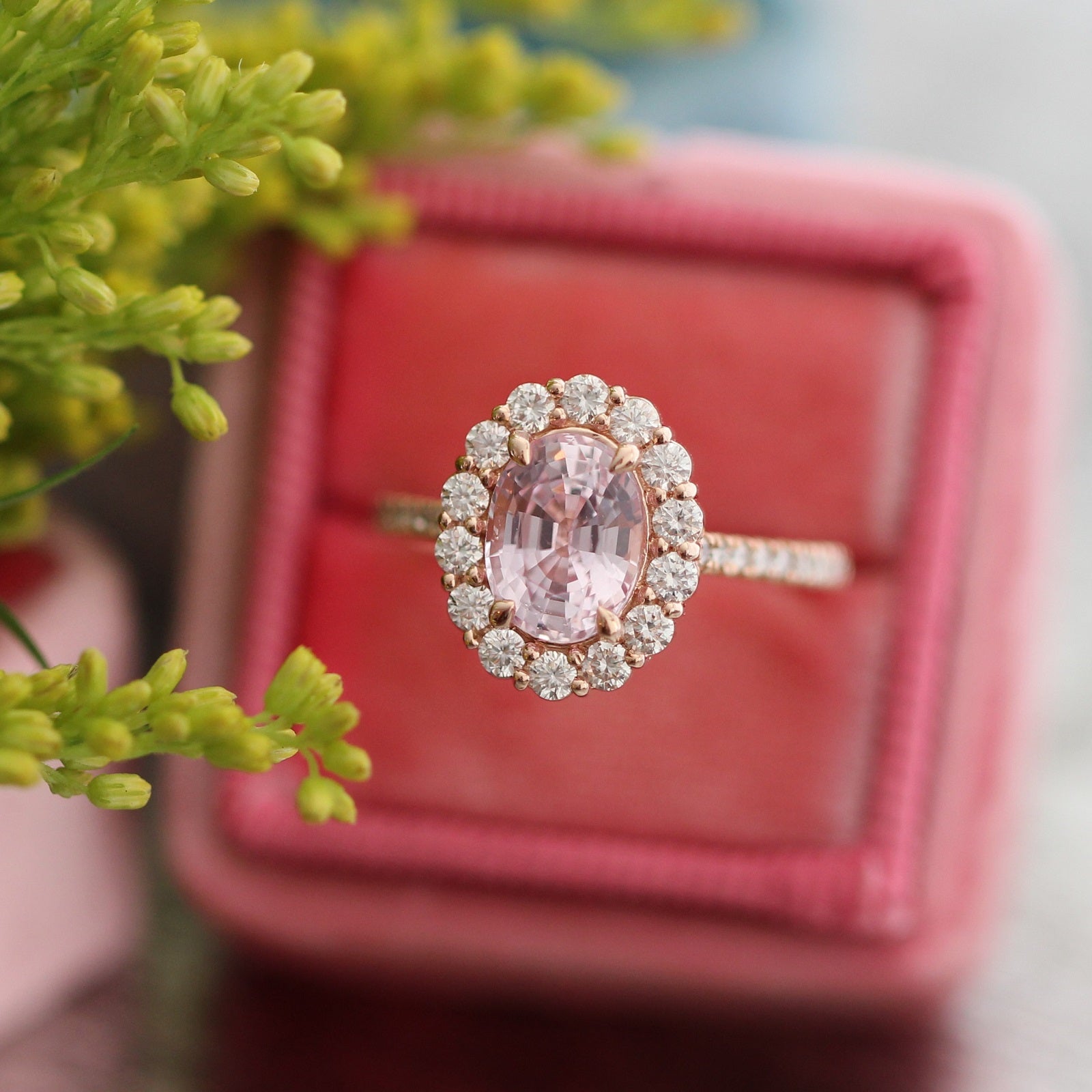 Natural pastel pink sapphire engagement ring in 14k rose gold by la more design