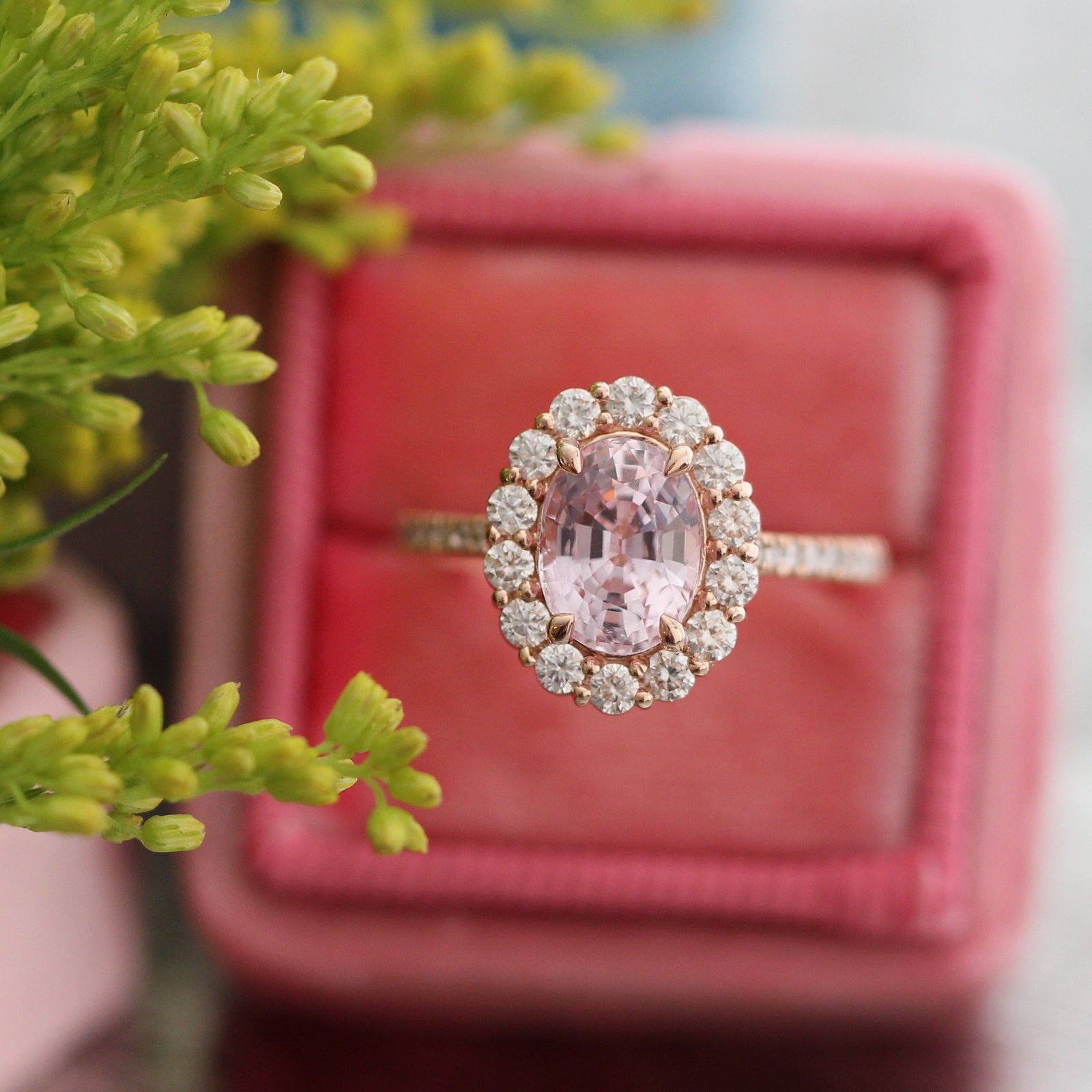Natural pastel pink sapphire engagement ring in 14k rose gold by la more design