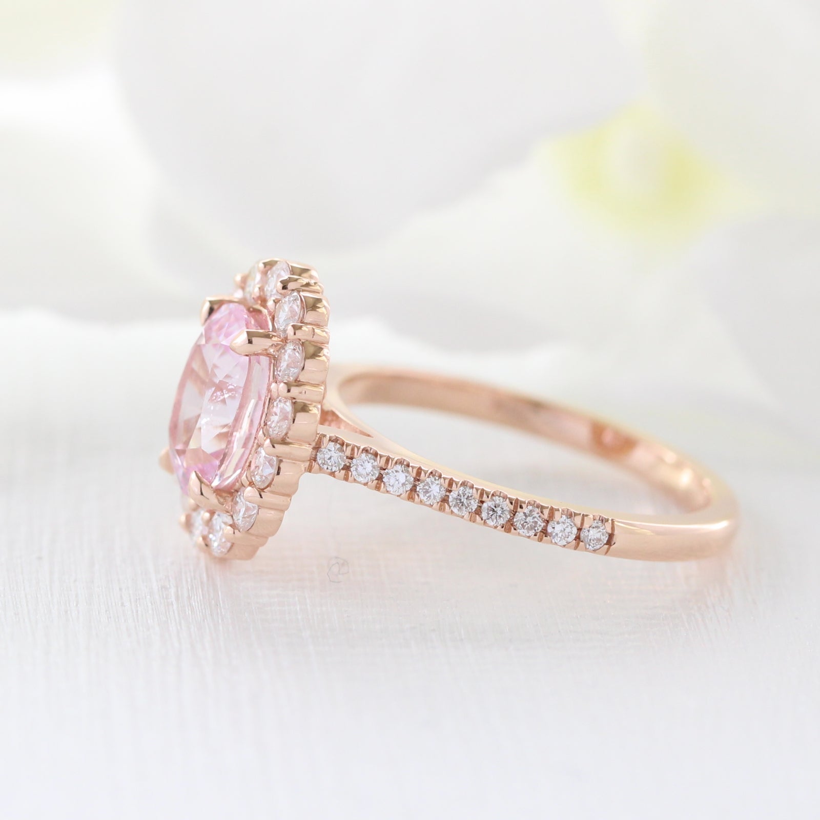 Natural pastel pink sapphire engagement ring in 14k rose gold by la more design