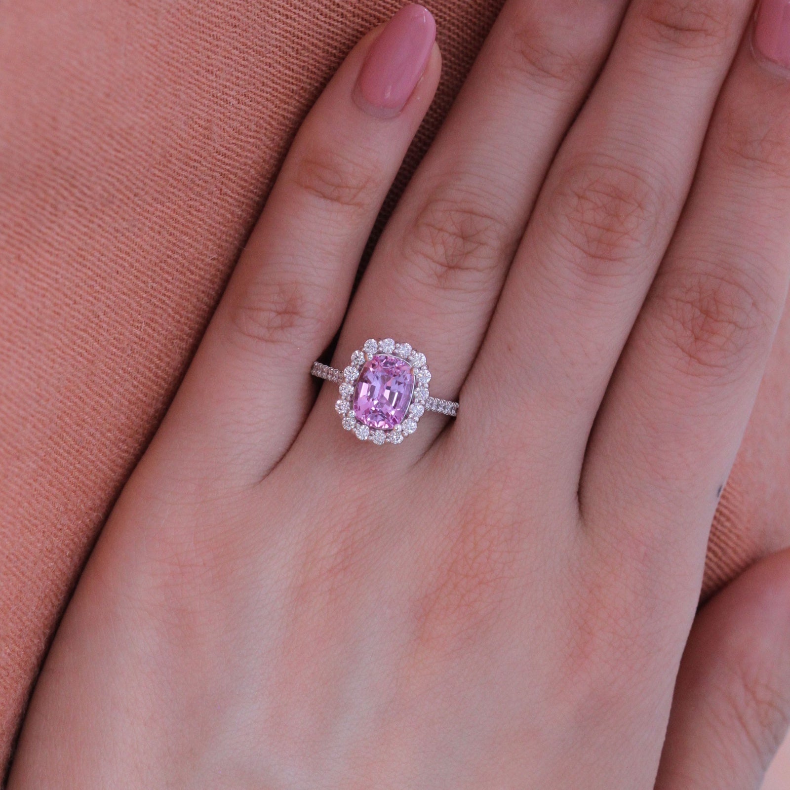 Natural pink sapphire engagement ring in 18k white gold by la more design