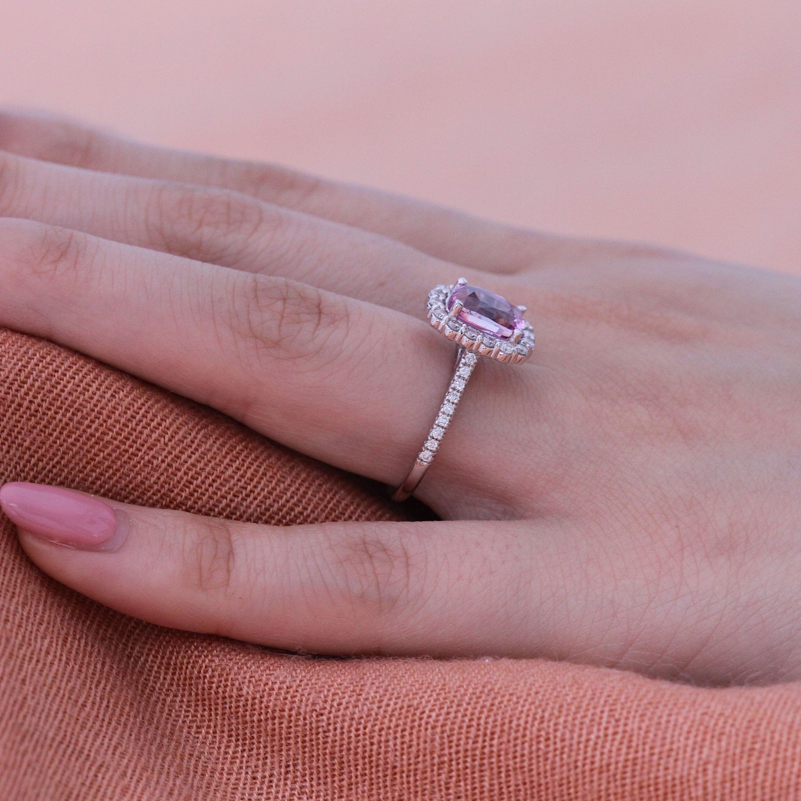 Large Cushion Natural Pink Sapphire Ring in 18k White Gold Halo Diamond, Size 6.25