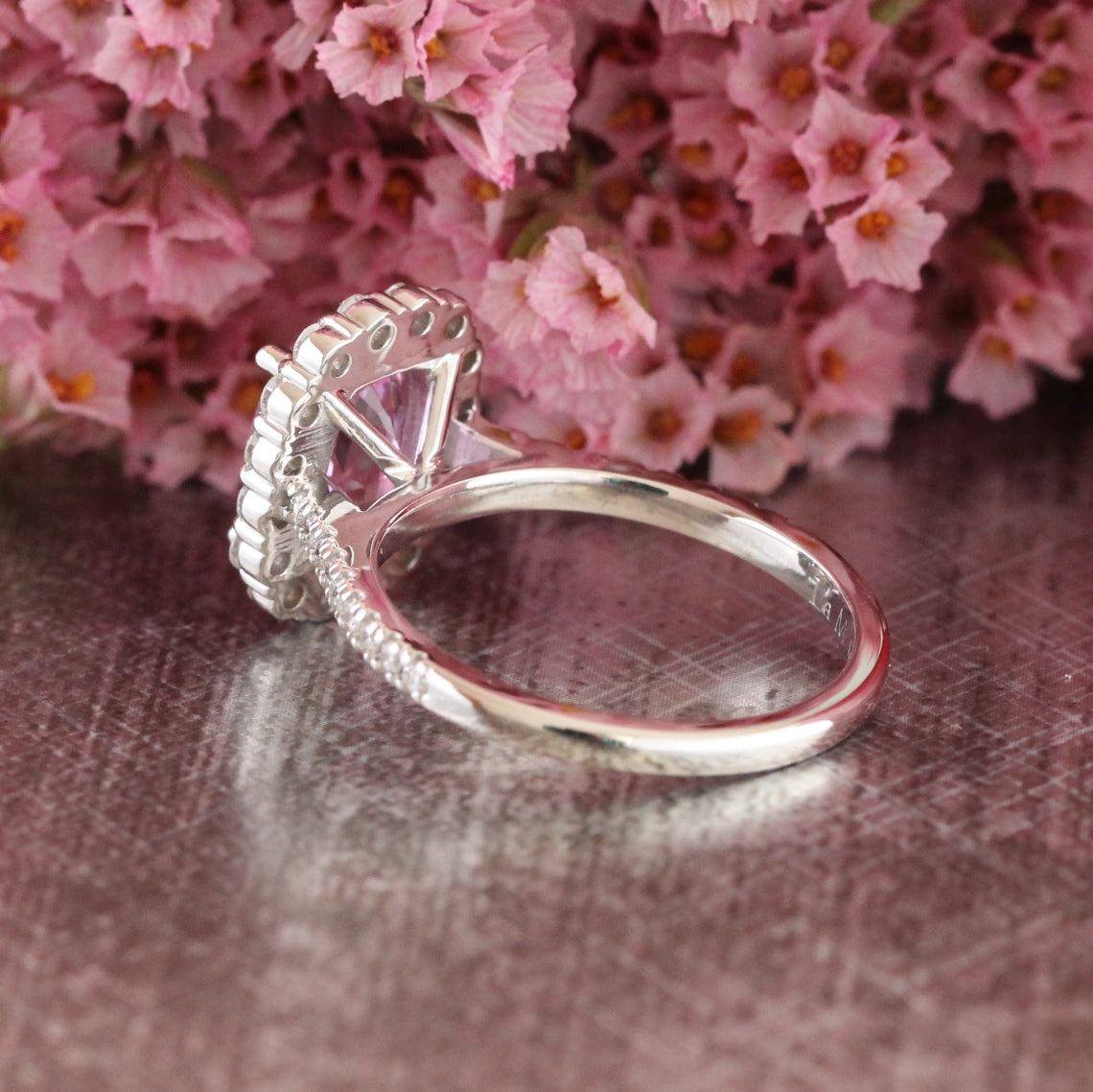Large Cushion Natural Pink Sapphire Ring in 18k White Gold Halo Diamond, Size 6.25