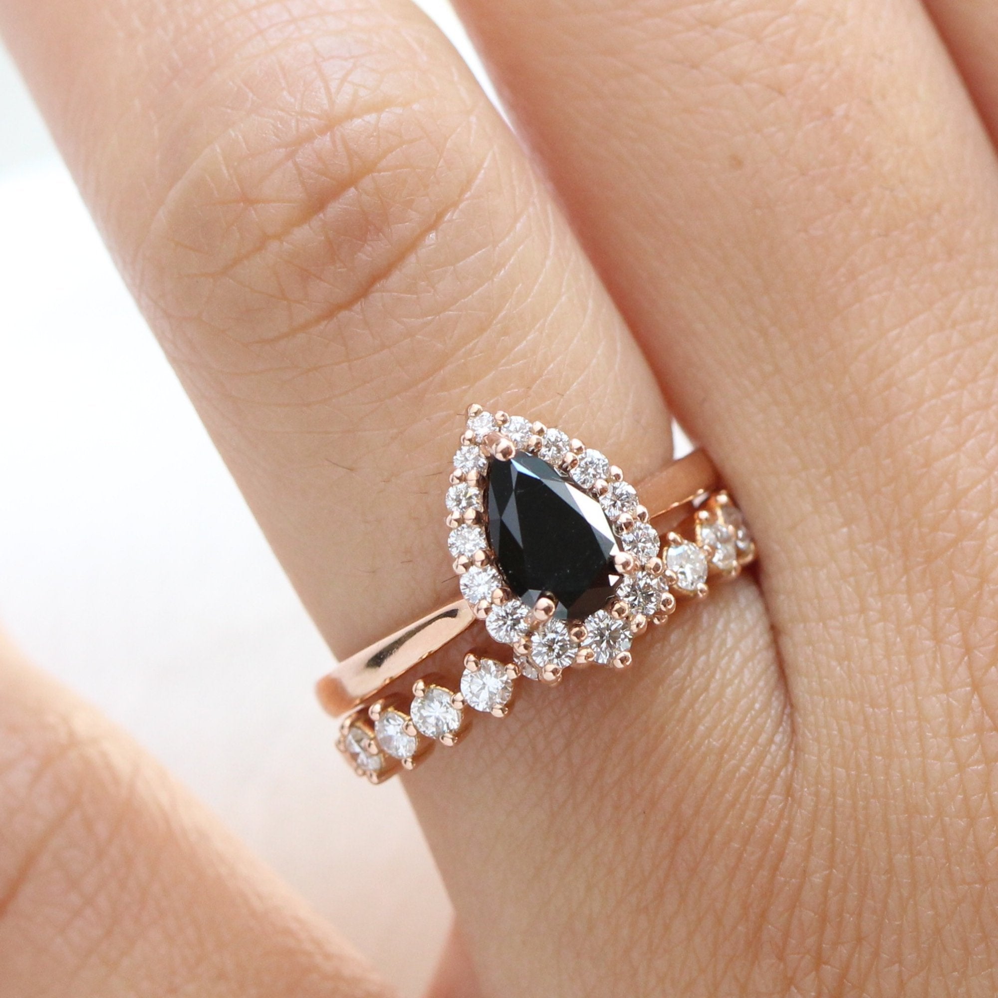 Natural black diamond ring rose gold stacking ring set la more design jewelry