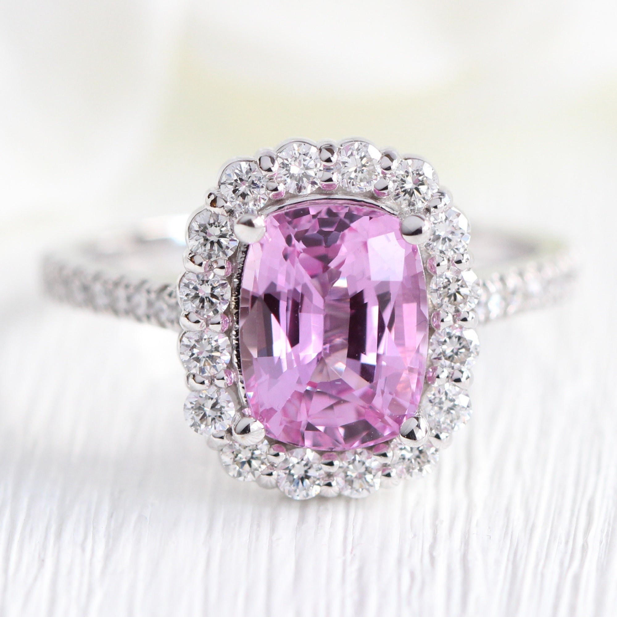Natural pink sapphire engagement ring in 18k white gold by la more design jewelry