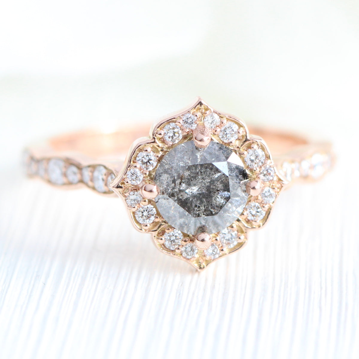 Natural salt and pepper diamond ring rose gold grey diamond vintage halo ring la more design jewelry