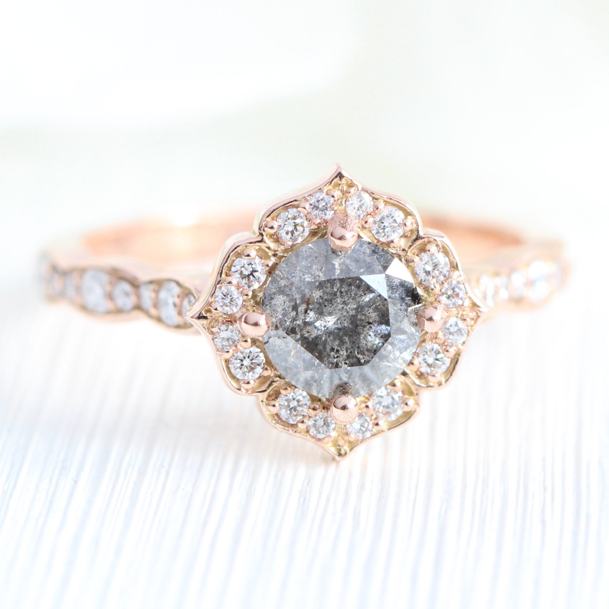 Natural salt and pepper diamond ring rose gold grey diamond vintage halo ring la more design jewelry