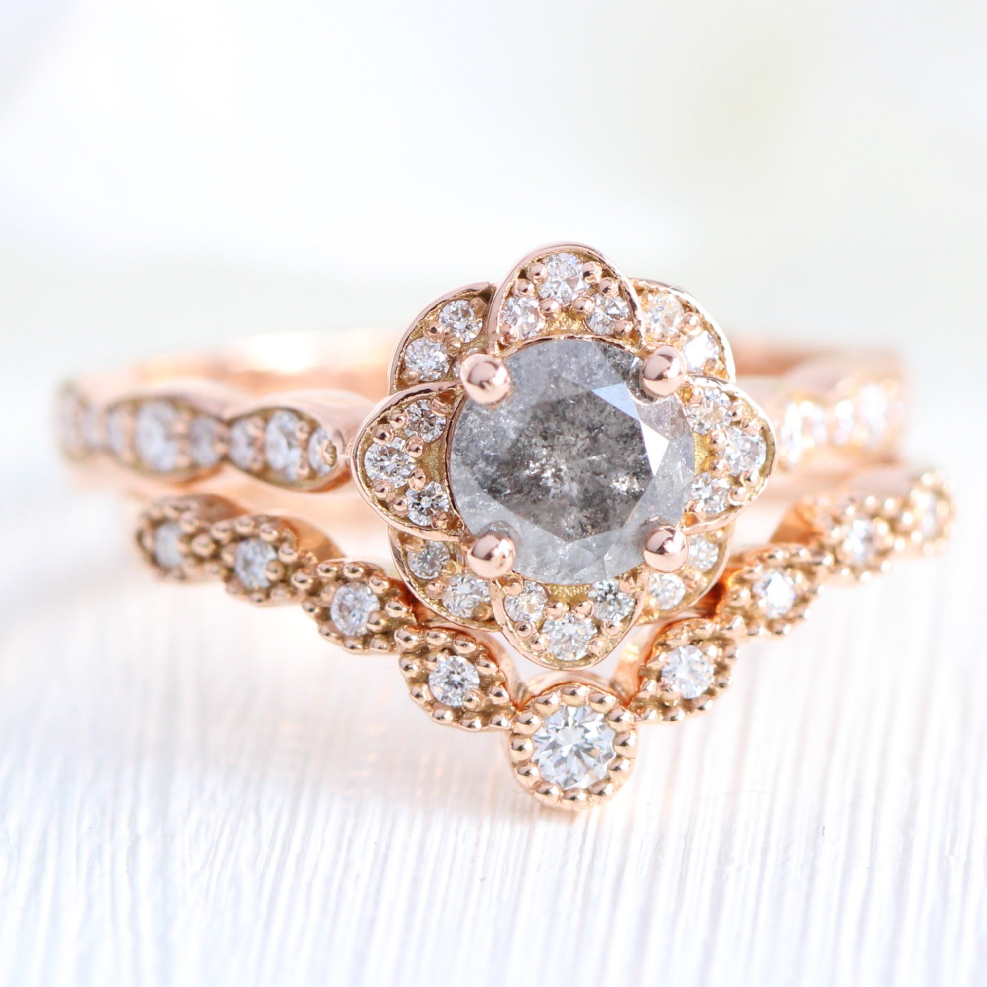 Salt and Pepper Diamond Ring Rose Gold Vintage Halo Ring Bridal Set ...