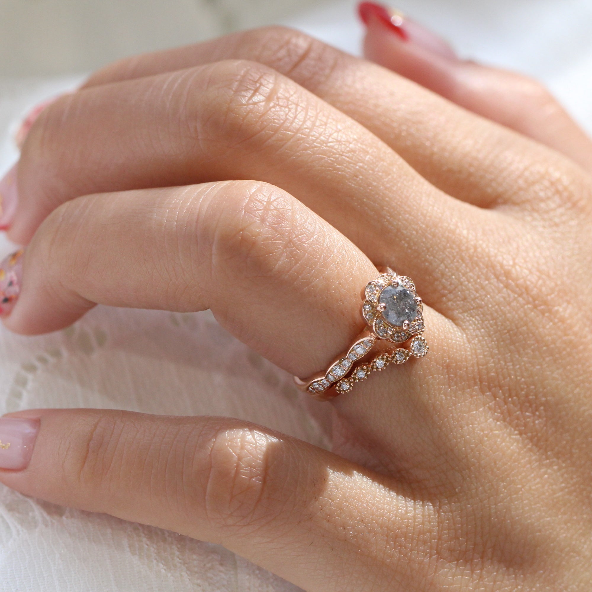 Natural salt and pepper diamond ring rose gold grey diamond vintage halo ring la more design jewelry