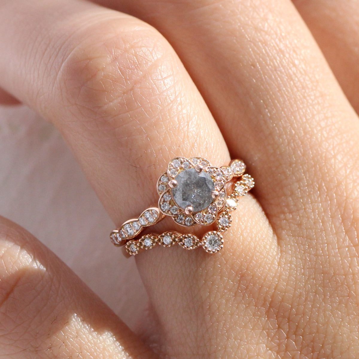 Natural salt and pepper diamond ring rose gold grey diamond vintage halo ring la more design jewelry
