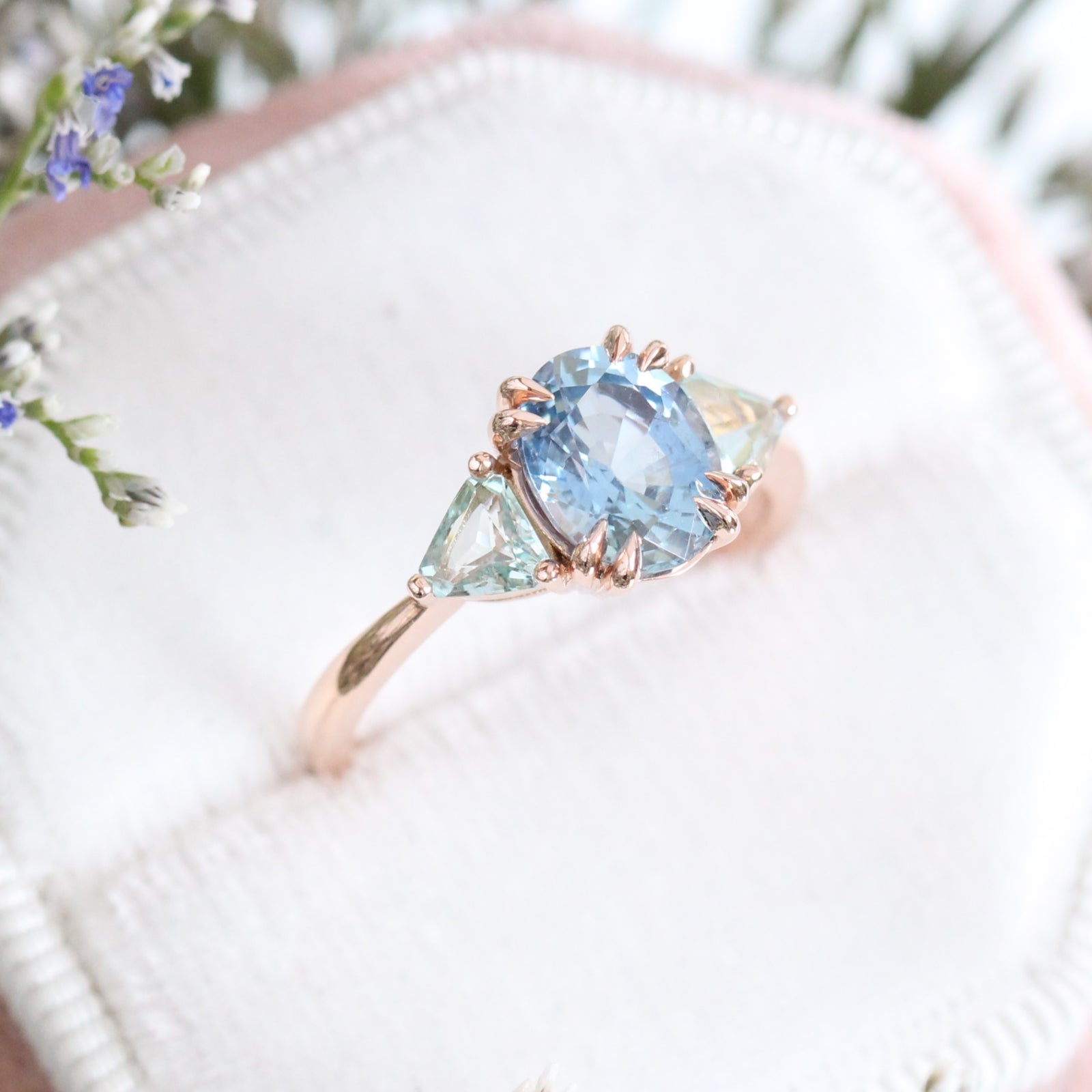 Oval Aqua Blue Sapphire Engagement Ring in Rose Gold 3 Stone Ring by La More Design Jewelry