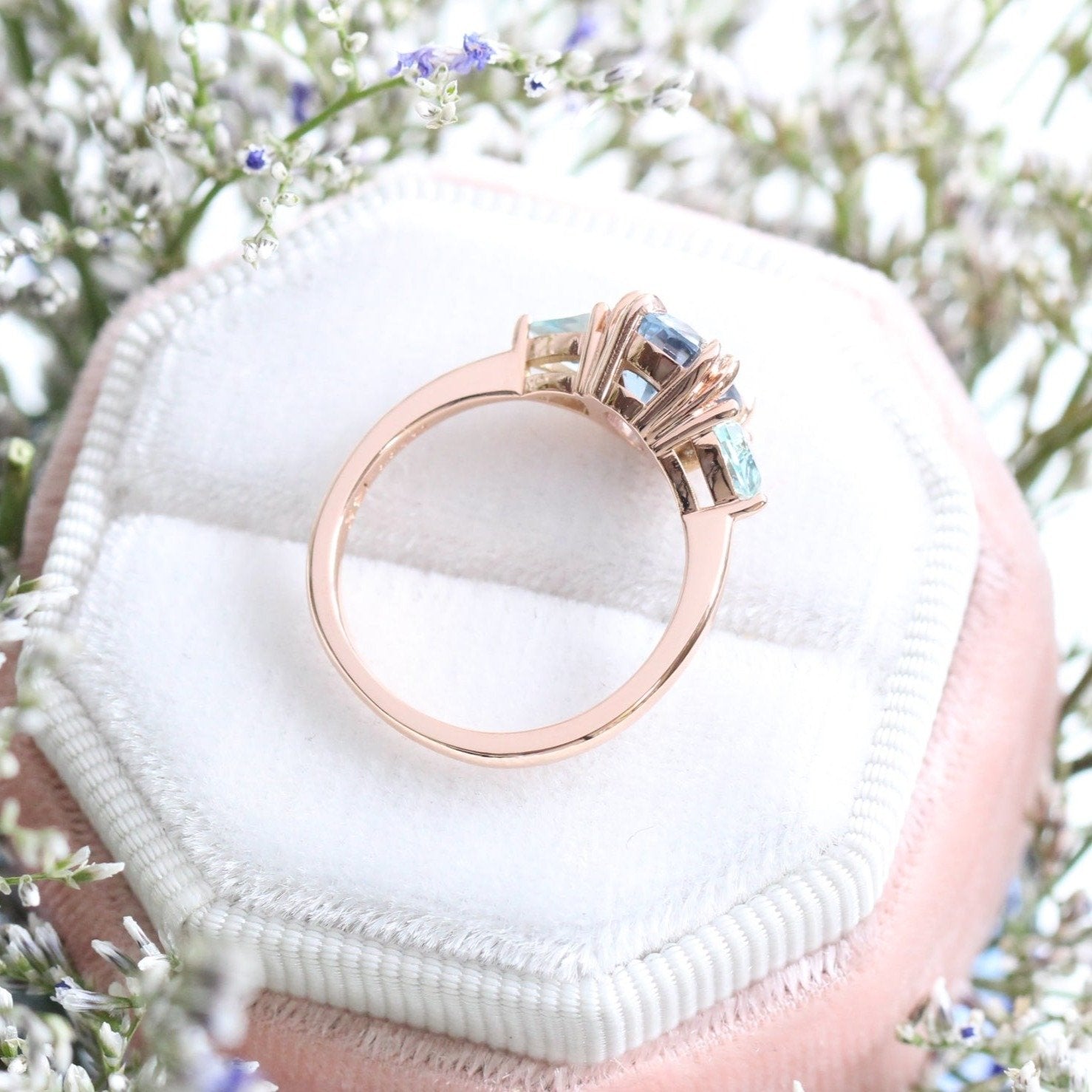 Oval Aqua Blue Sapphire Engagement Ring in Rose Gold 3 Stone Ring by La More Design Jewelry