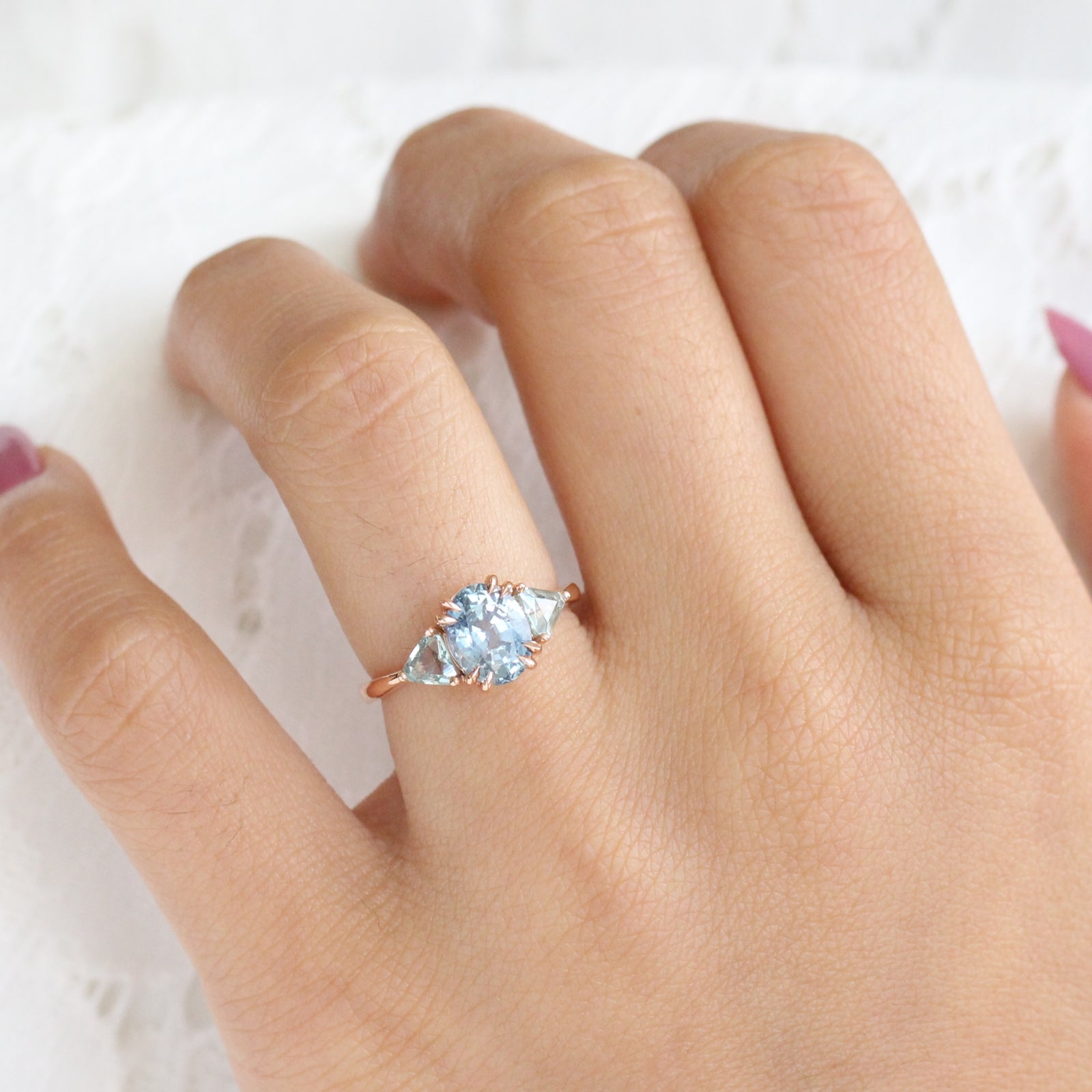 Oval Aqua Blue Sapphire Engagement Ring in Rose Gold 3 Stone Ring by La More Design Jewelry