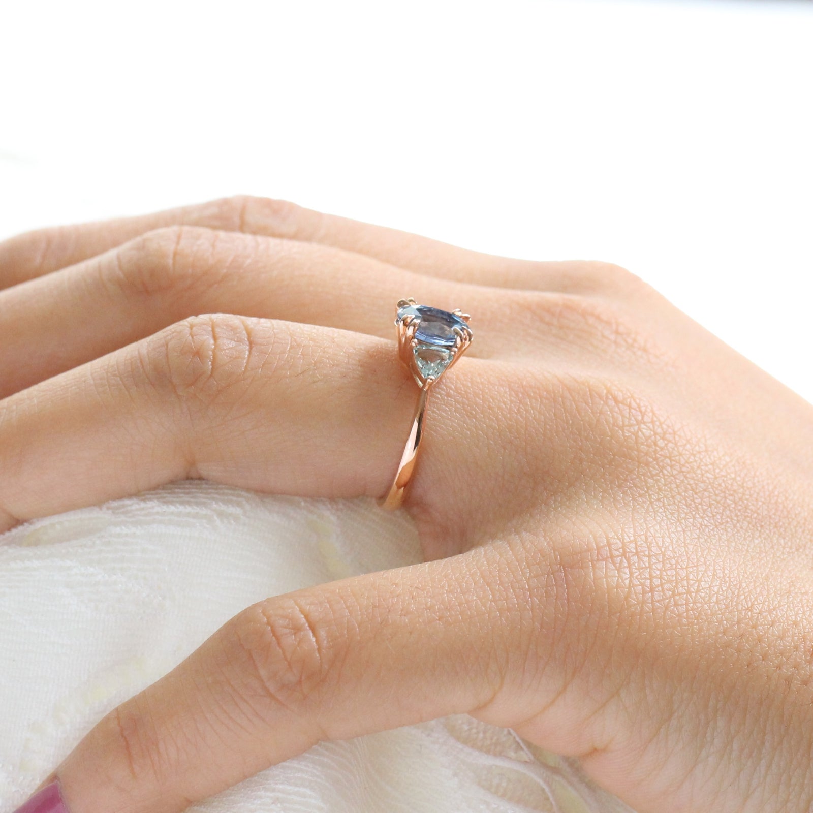 Oval Aqua Blue Sapphire Engagement Ring in Rose Gold 3 Stone Ring by La More Design Jewelry