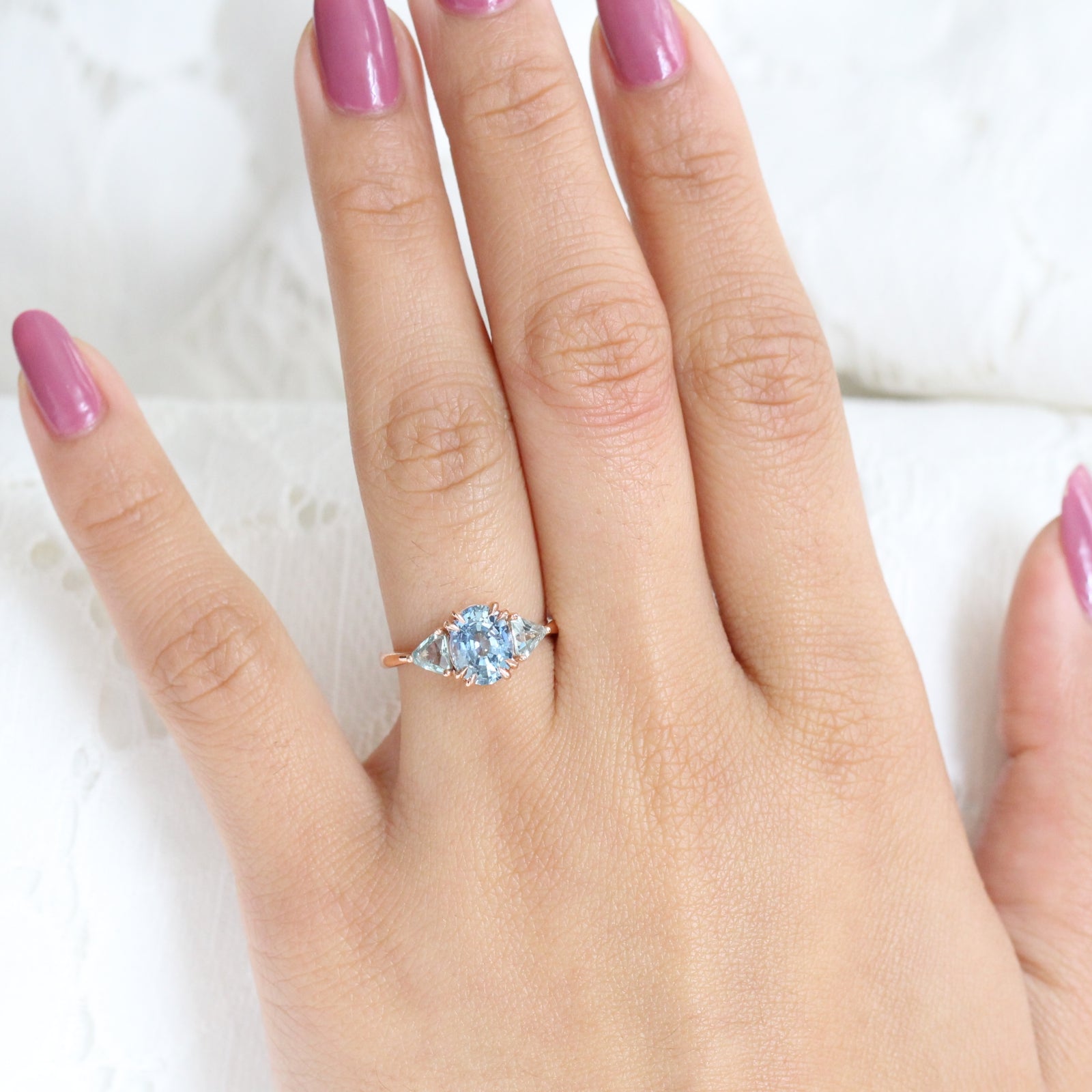 Oval Aqua Blue Sapphire Engagement Ring in Rose Gold 3 Stone Ring by La More Design Jewelry