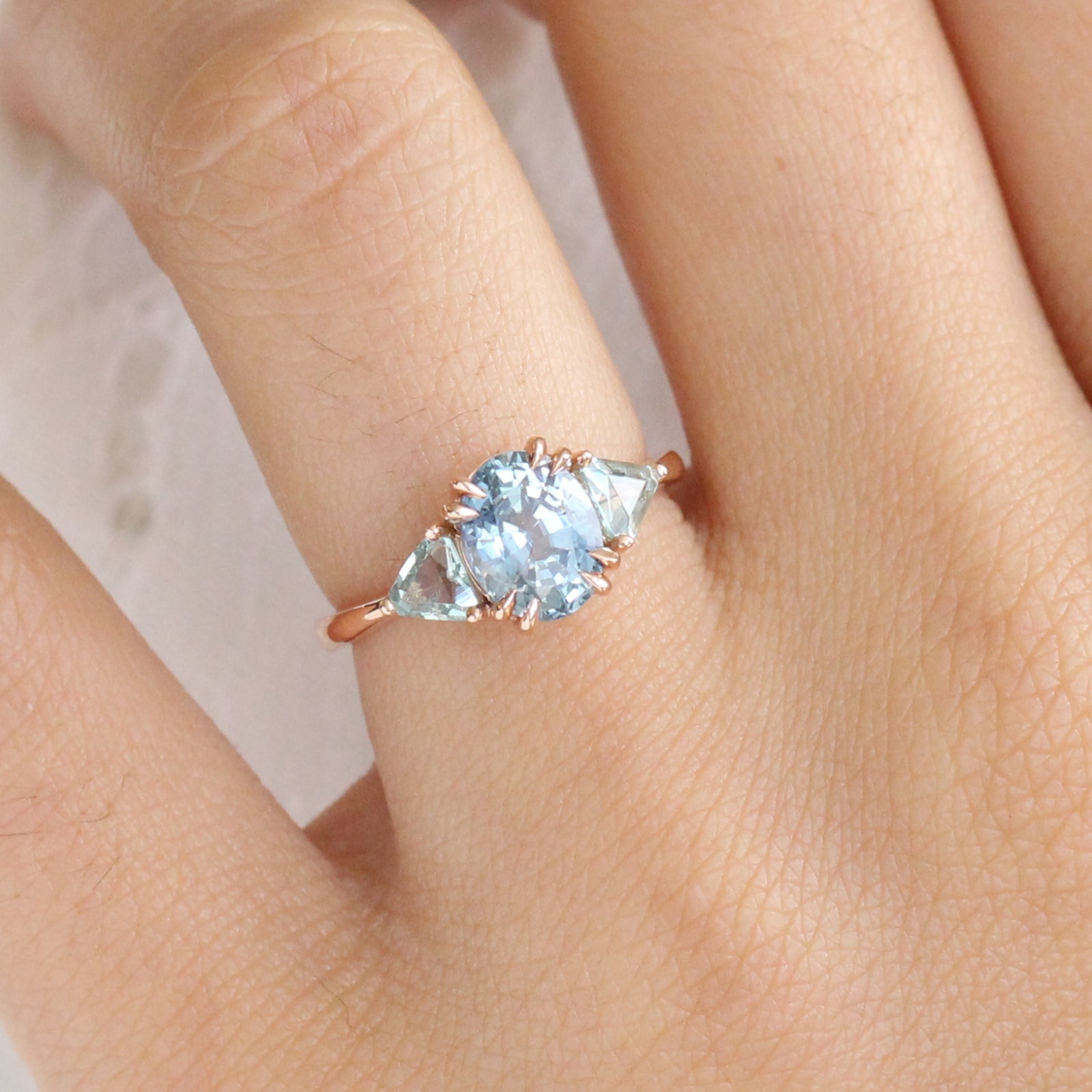 Oval Aqua Blue Sapphire Engagement Ring in Rose Gold 3 Stone Ring by La More Design Jewelry
