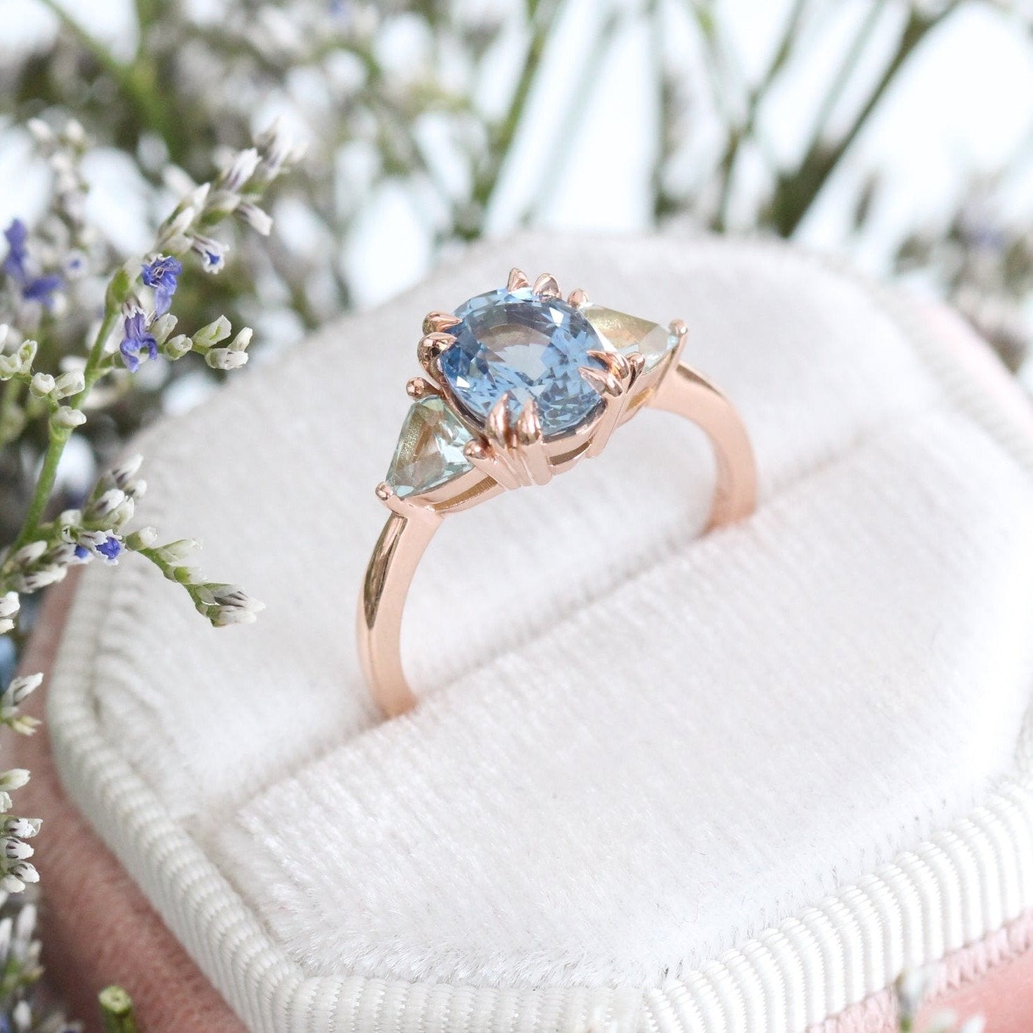 Large Blue Sapphire Engagement Ring Rose Gold 3 Three Stone Ring