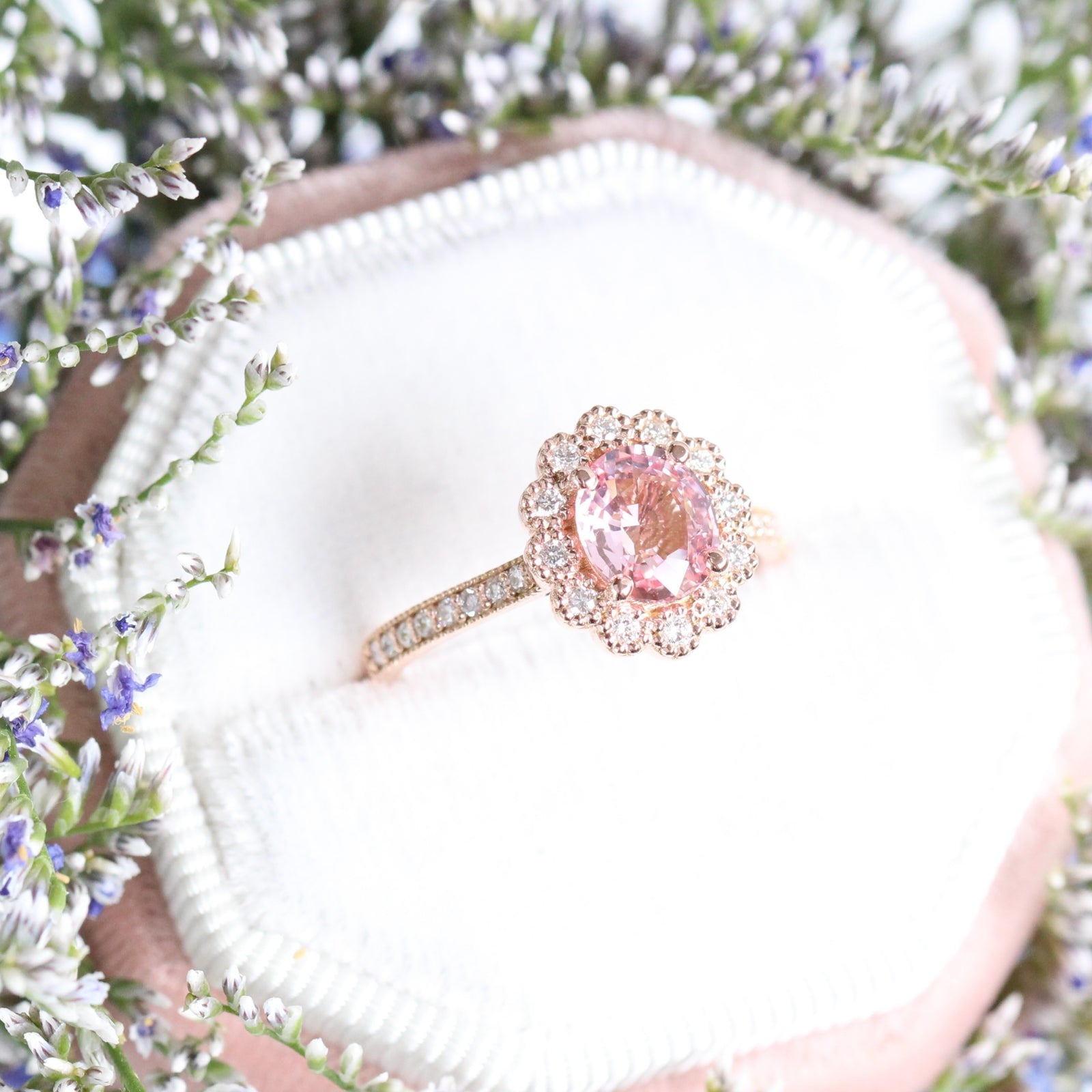 Oval Peach Sapphire Engagement Ring in Rose Gold Halo Diamond Band by La More Design Jewelry